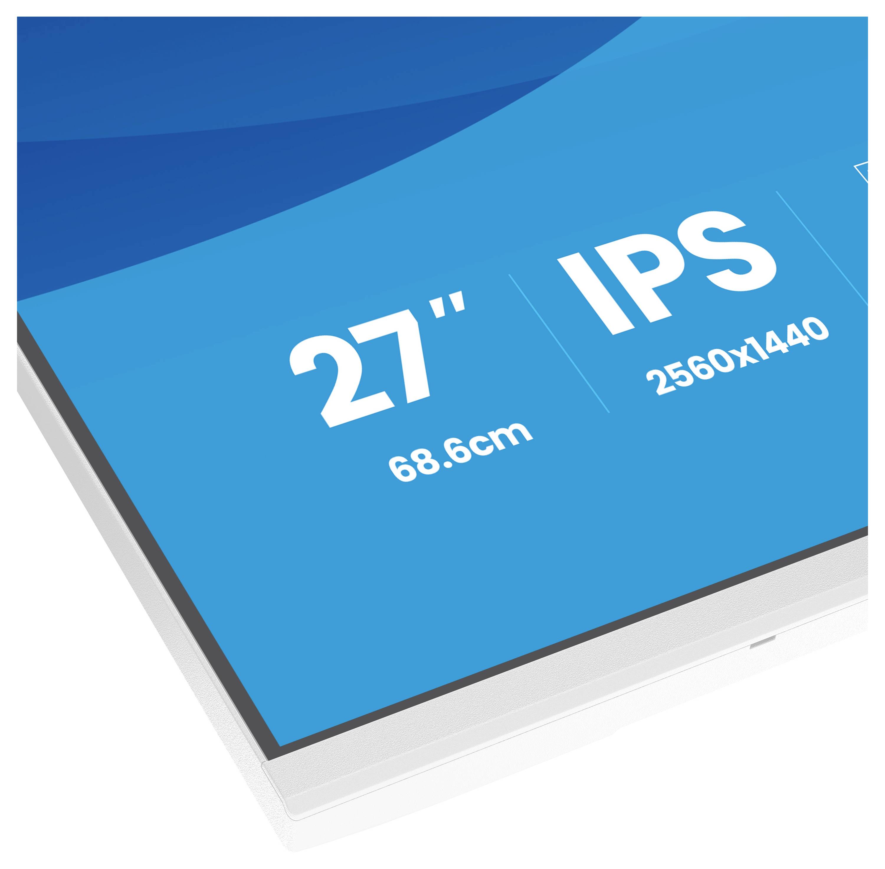 Modrá sekce v rohu monitoru zobrazuje specifikace: '27", 68,6cm, IPS, 2560x1440'.