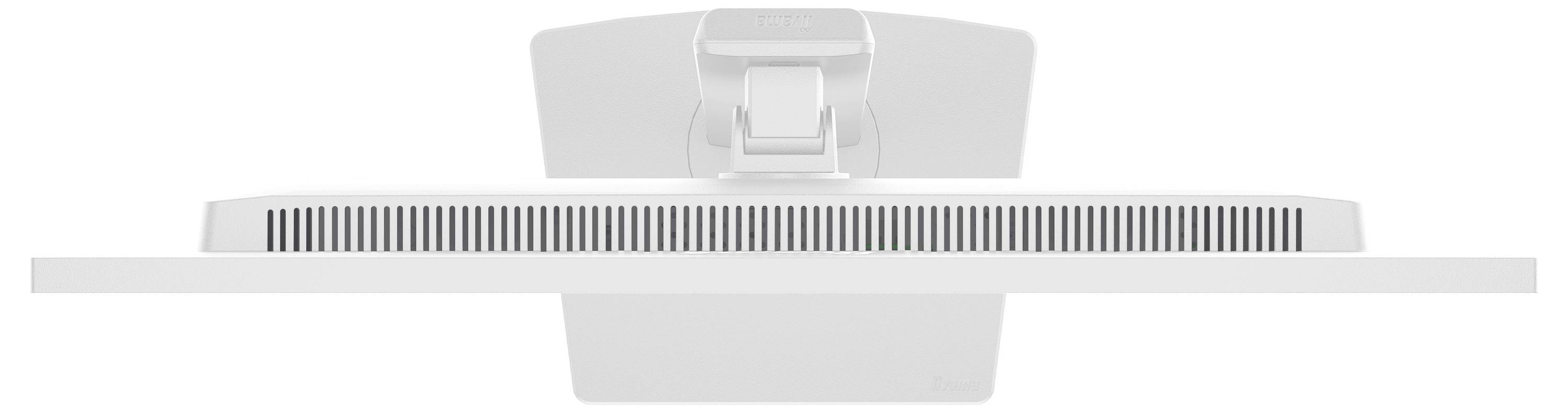 Zadní pohled na elegantní, moderní počítačový monitor ukazující stojan a ventilační mřížku, zdůrazňující jeho minimalistický design.