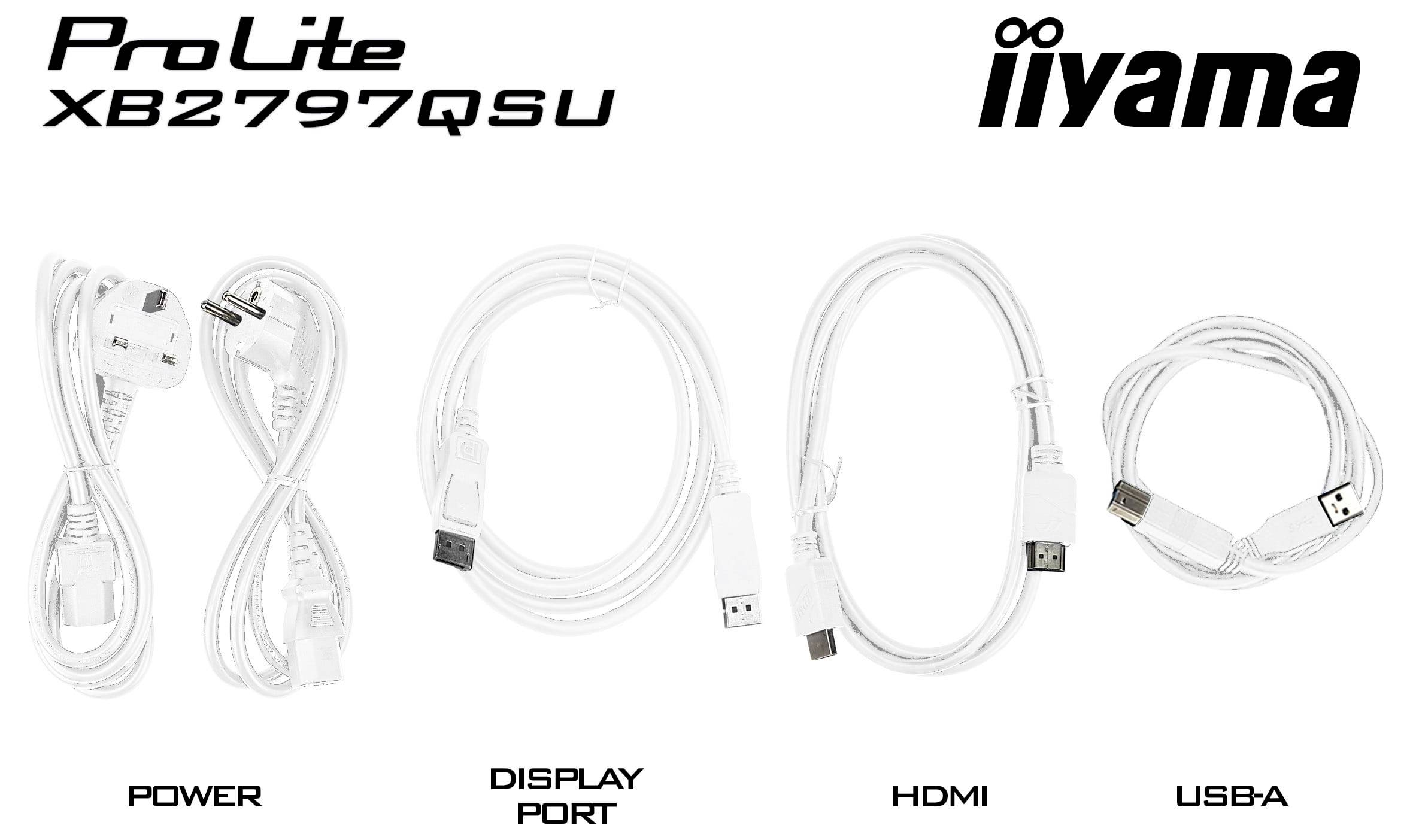 Monitorovací kabely 'ProLite XB2797QSU iiyama': napájecí kabel, DisplayPort, HDMI, USB-A uspořádané zleva doprava.