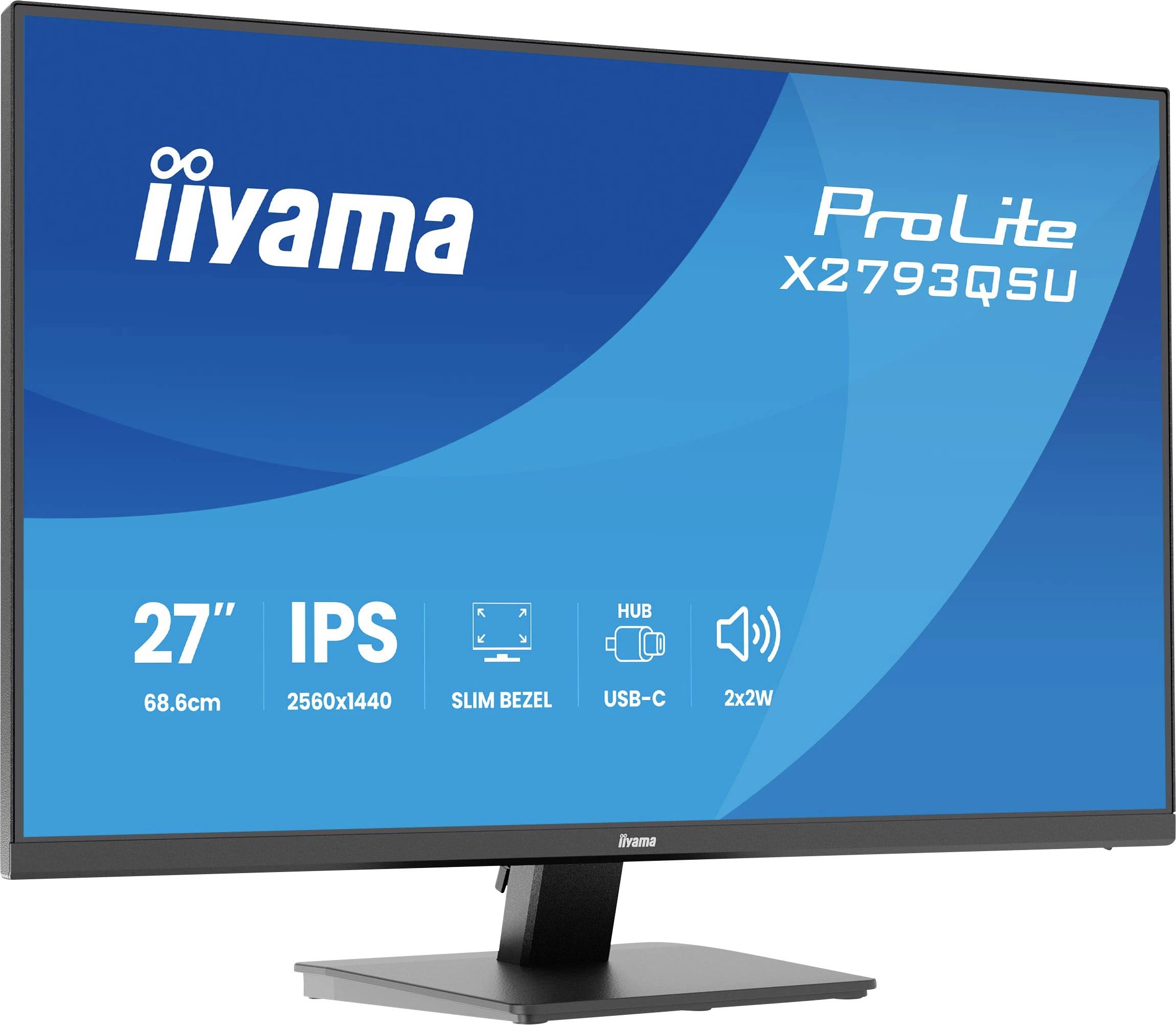 Monitor počítače zobrazující „iiyama ProLite X2793QSU" s 27" IPS obrazovkou, rozlišením 2560x1440, tenkým rámečkem, USB-C a reproduktory 2x2W.