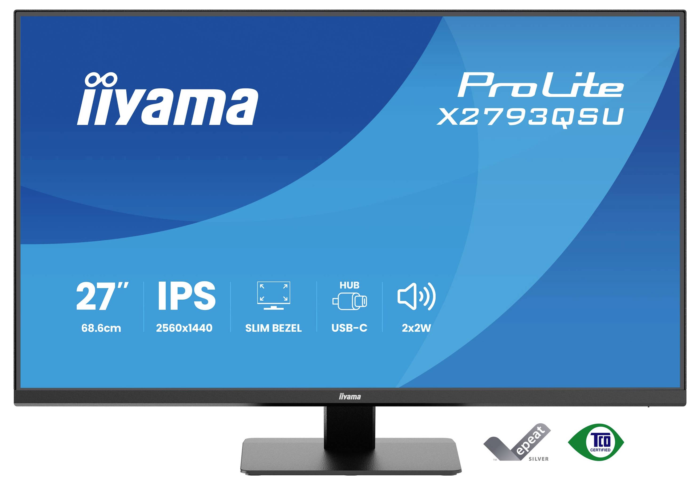 Monitor Iiyama ProLite X2793QSU s 27palcovým displejem, s rozlišením 2560x1440, technologií IPS, USB-C hubem a tenkým rámečkem.