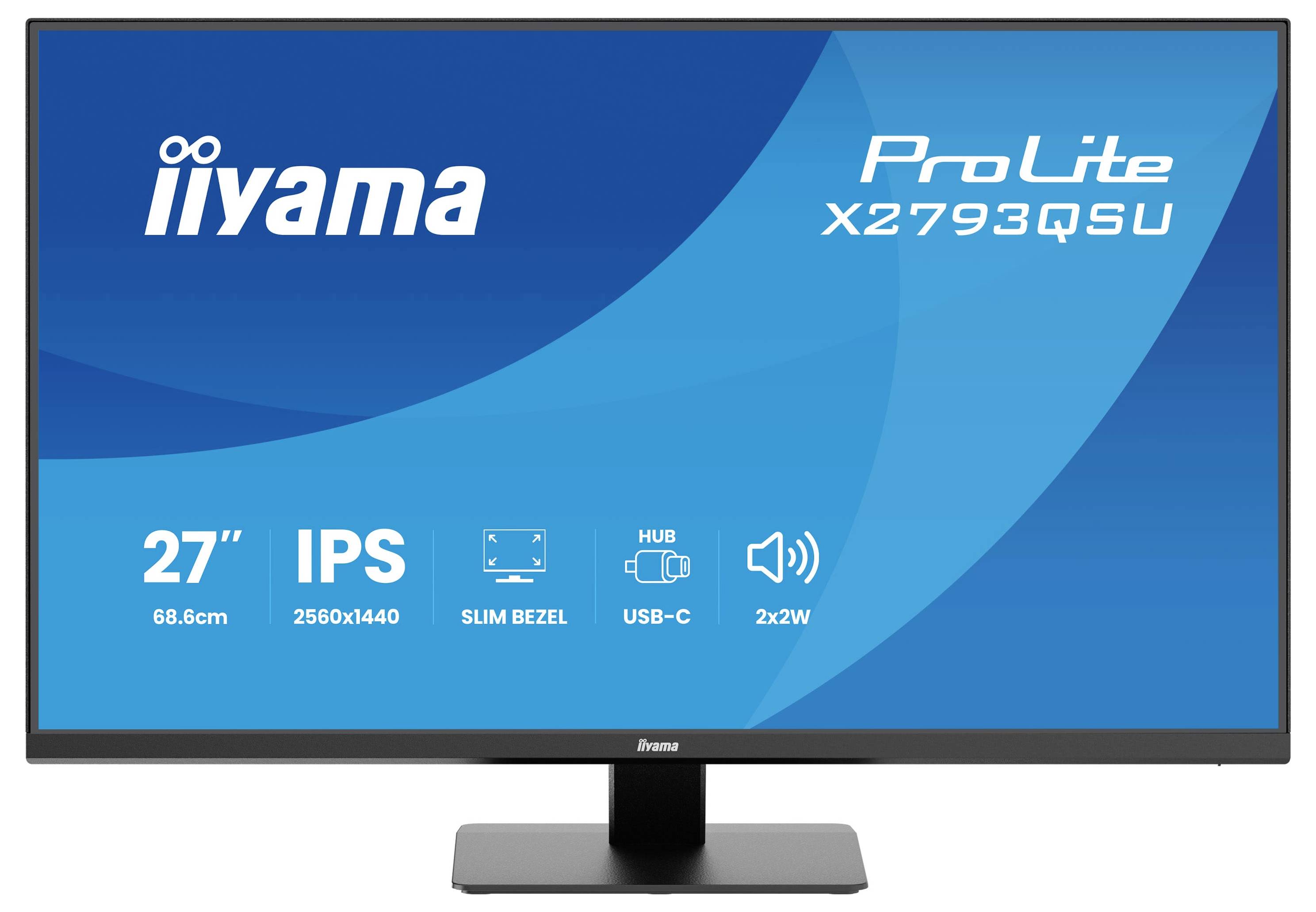 Počítačový monitor zobrazující model "iiyama ProLite X2793QSU" s funkcemi: 27palcový, IPS, rozlišení 2560x1440, tenký rámeček, USB-C, 2x 2W reproduktory.