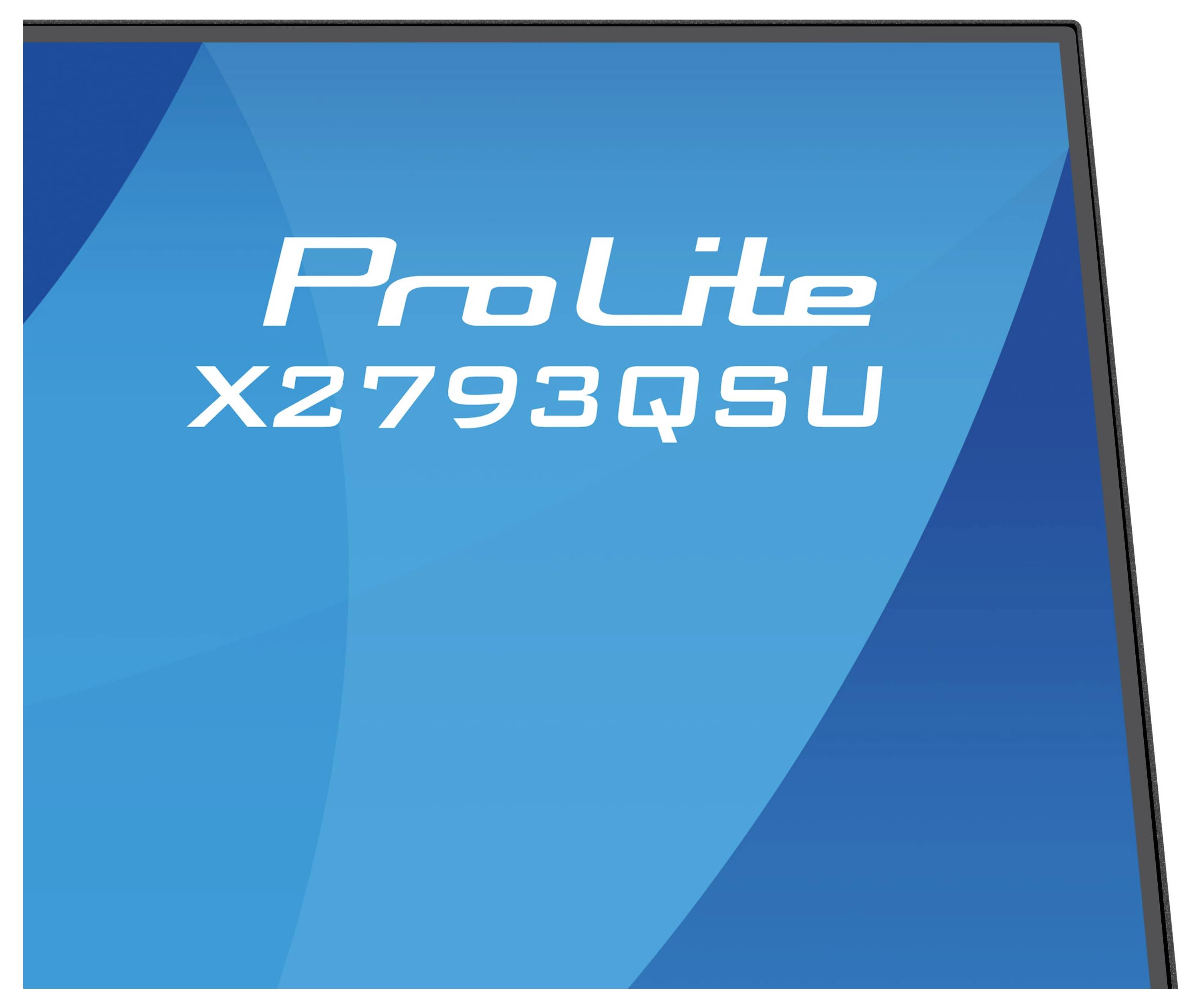 Detailní záběr na modrý displej zobrazující text "ProLite X2793QSU".