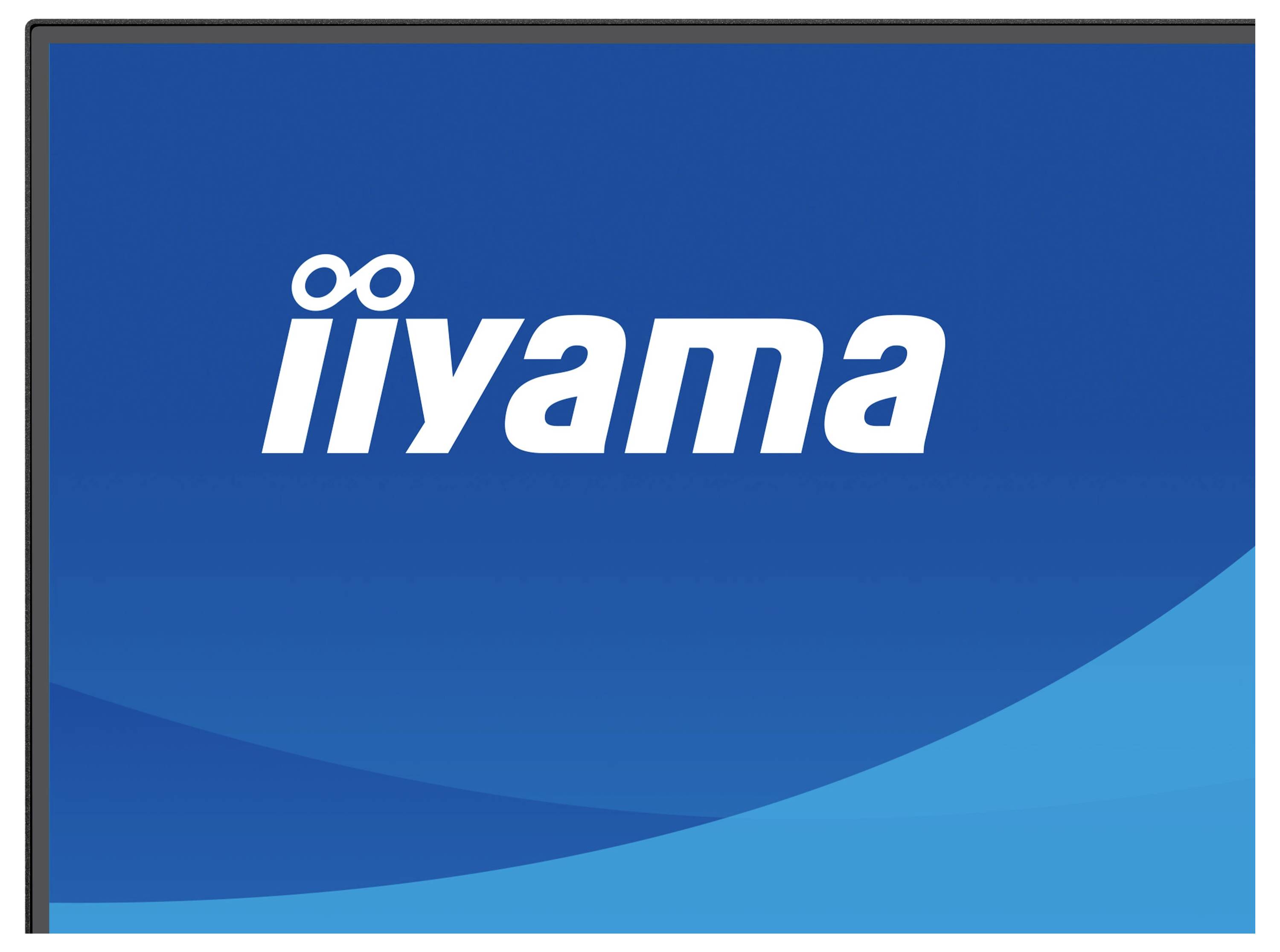 Logo „Iiyama" na modrém pozadí s jasnější modrou křivkou v dolní části.