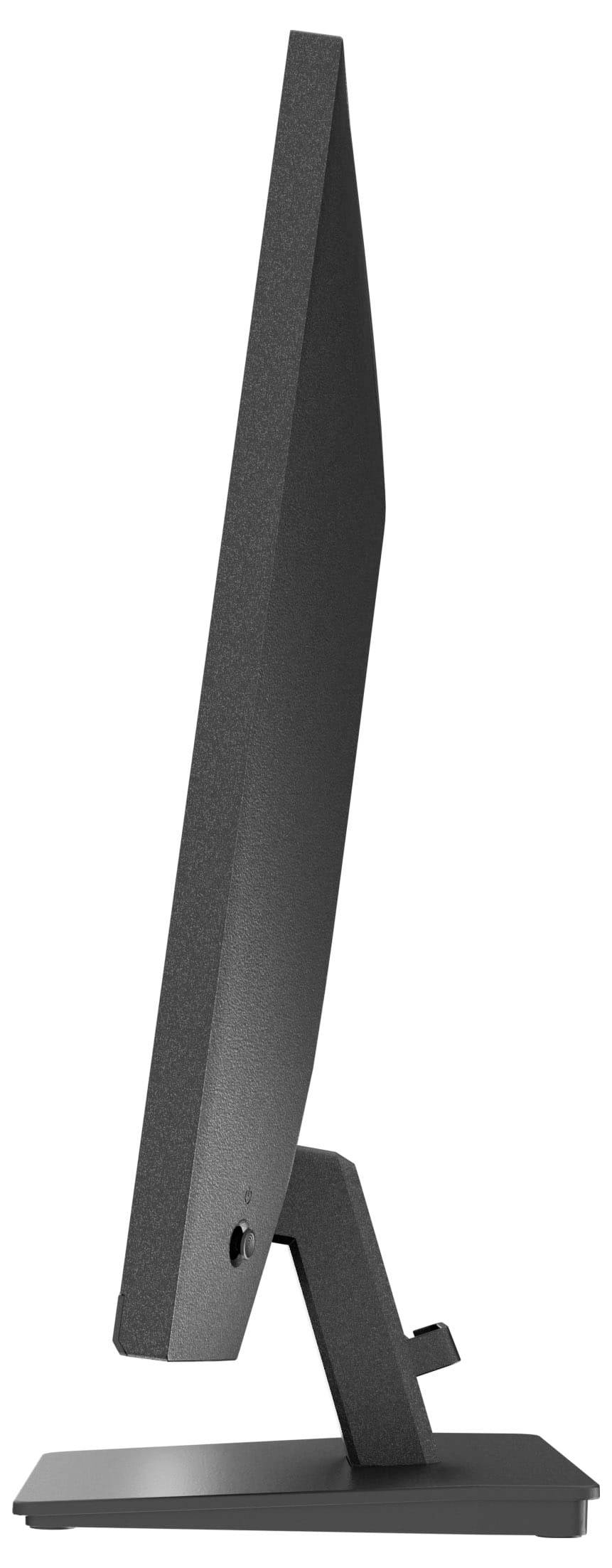 Boční pohled na elegantní, moderní počítačový monitor s tenkým, černým rámem a úhlovým stojanem.