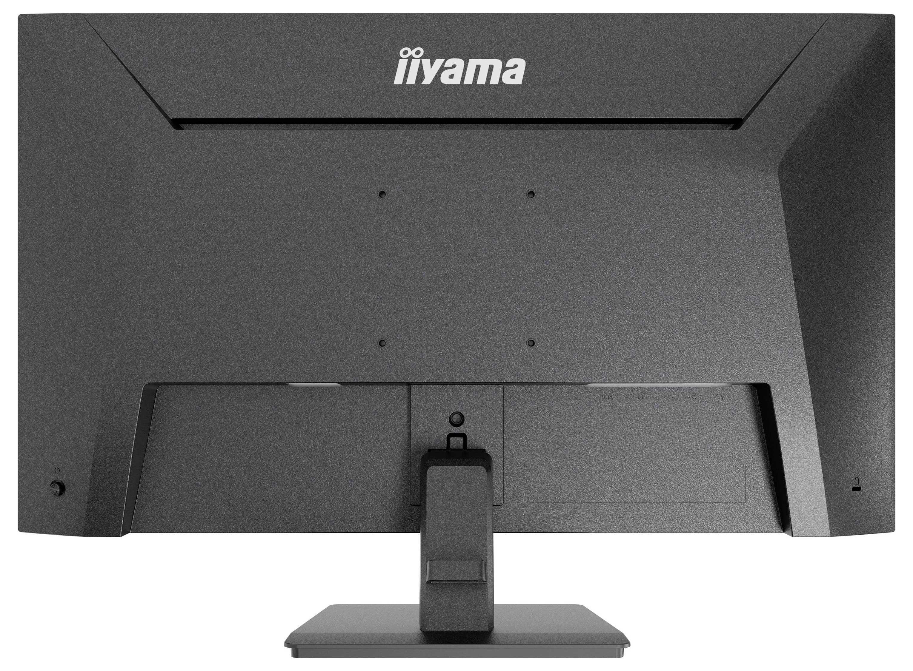Obrázek ukazuje zadní pohled na černý počítačový monitor Iiyama s obdélníkovým stojánem.