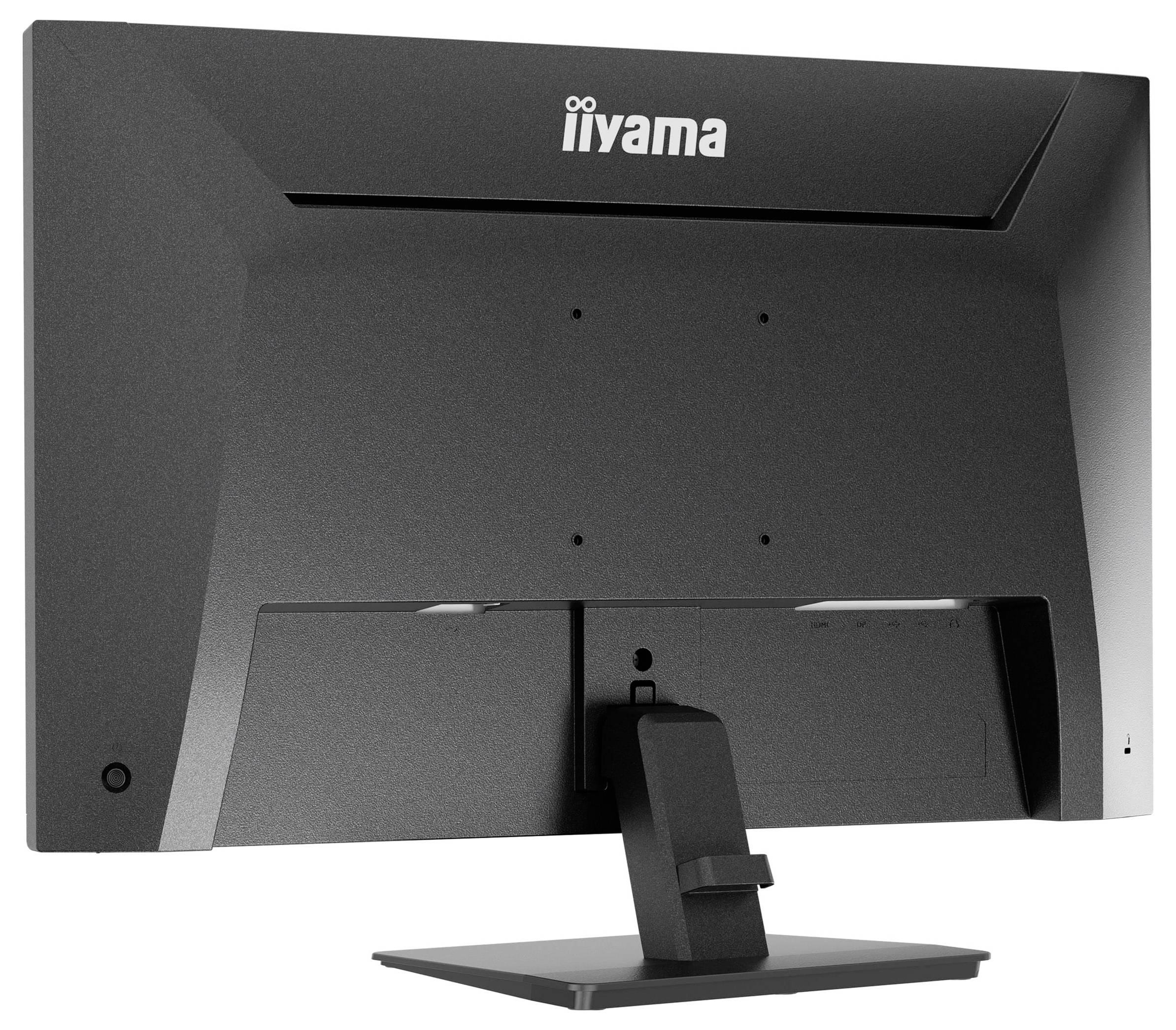 Černý počítačový monitor pohledaný zezadu, zobrazující stojan a montážní otvory VESA. Logo značky 'iiyama' je viditelné v horní části.