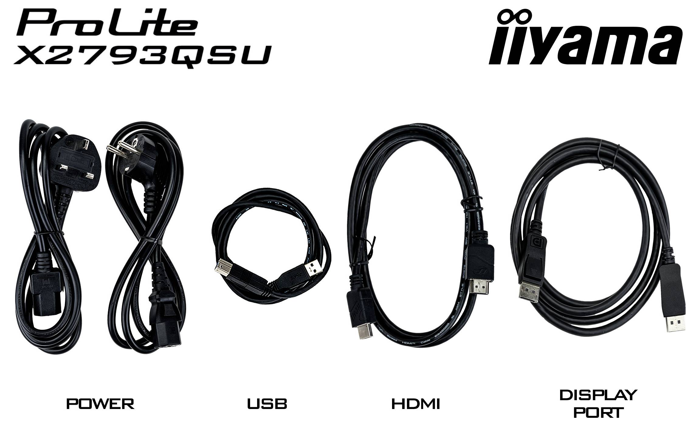 'ProLite X2793QSU iiyama' s obrázky čtyř typů kabelů označenými: Napájení, USB, HDMI a DisplayPort.