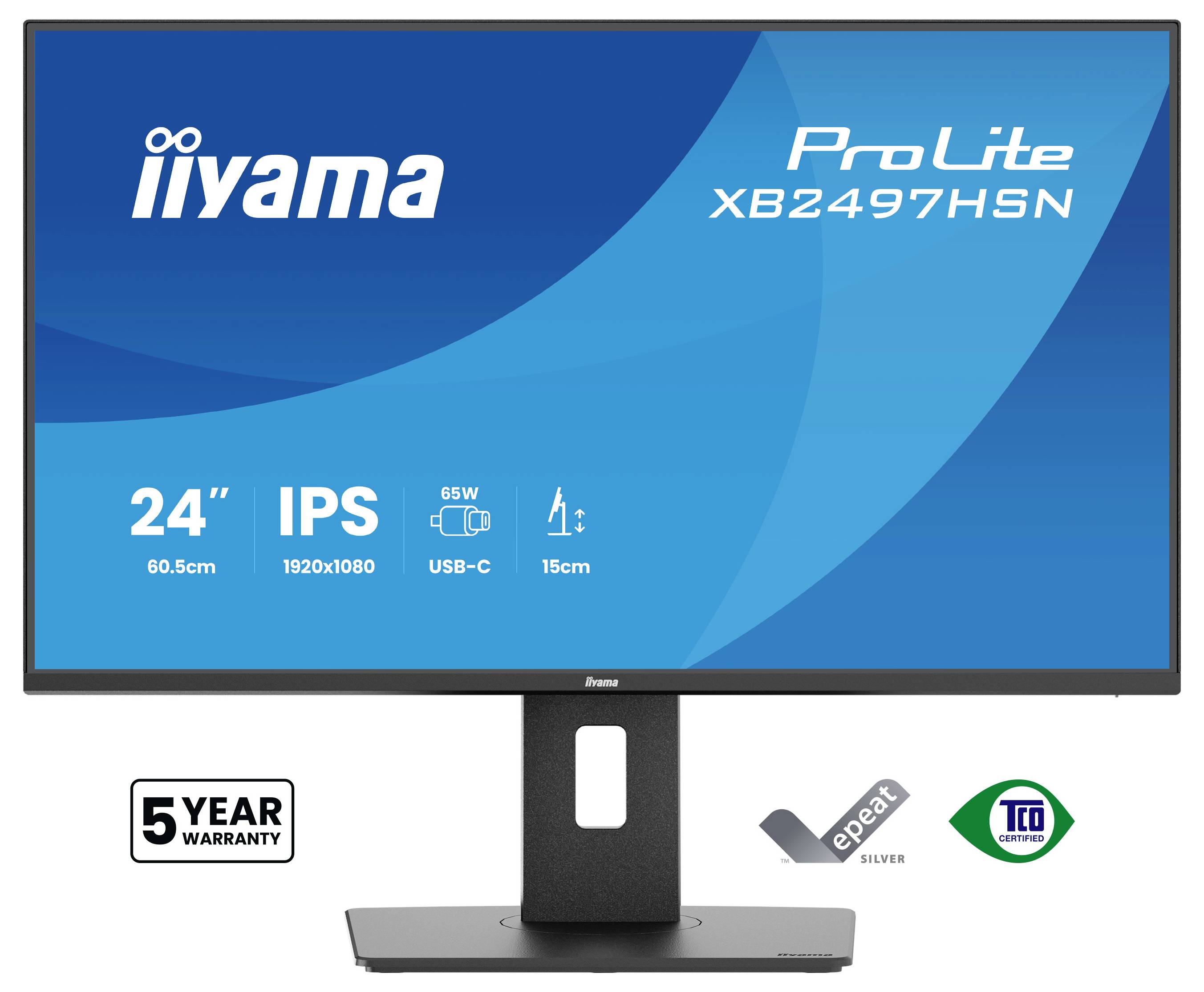 Monitor 'iiyama ProLite XB2497HSN' s 24palcovou IPS obrazovkou o rozlišení 1920x1080, příkonem 65W, USB-C a nastavitelností 15cm. Součástí balíčku je 5letá záruka, certifikace EPEAT Silver a TCO Certified.