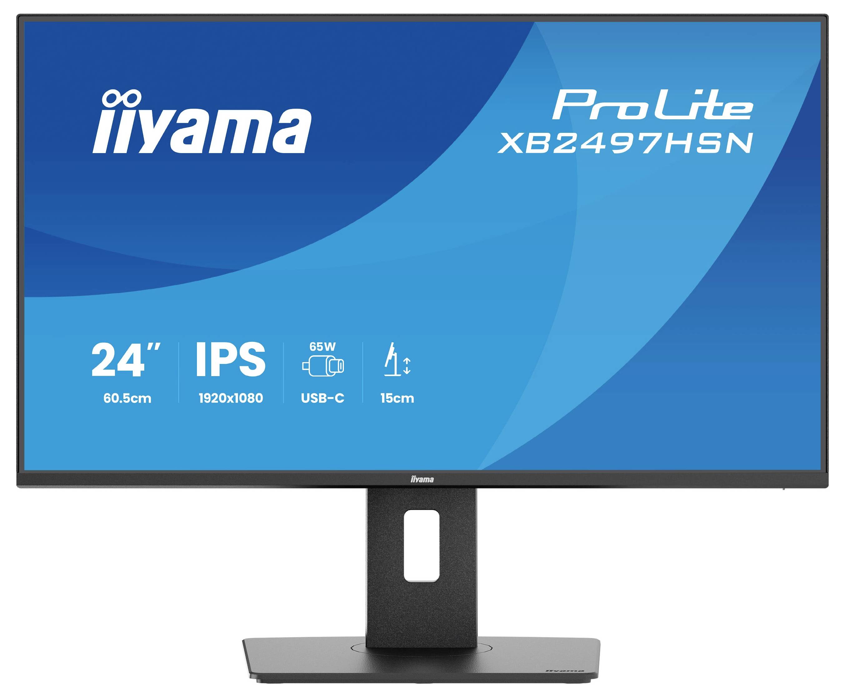 Počítačový monitor zobrazující 'iiyama ProLite XB2497HSN, 24" IPS, 1920x1080, USB-C'.