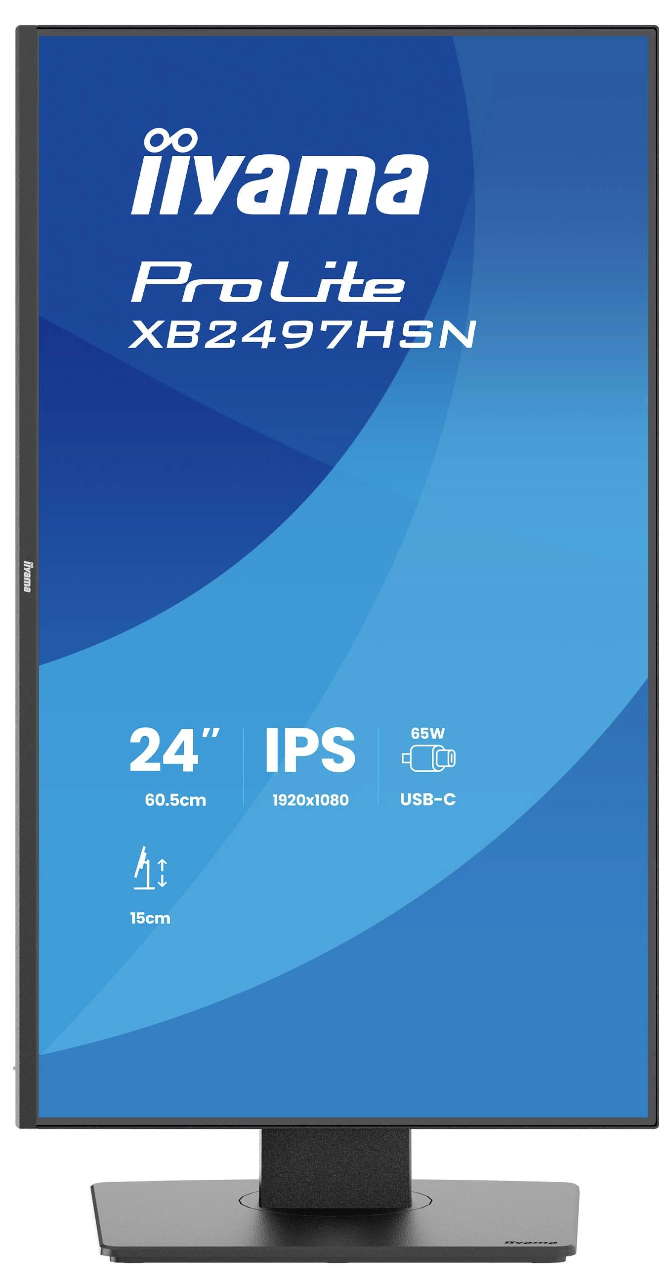 Vertikální monitor zobrazující „iiyama ProLite XB2497HSN" se specifikacemi: 24 palců, IPS, 1920x1080, 65W, USB-C. Modrý pozadí.