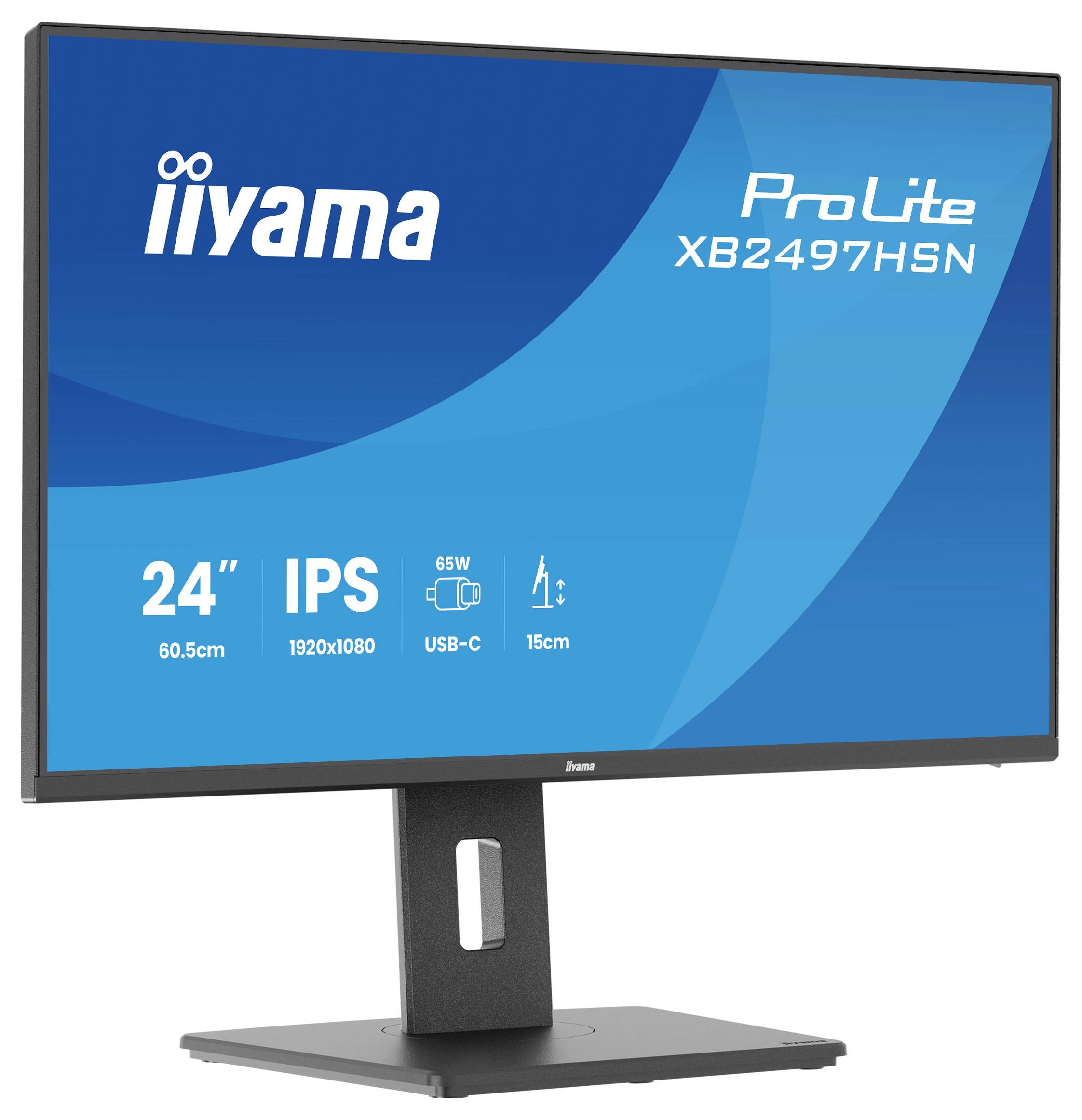 Počítačový monitor zobrazující "iiyama ProLite XB2497HSN" s klíčovými vlastnostmi: 24 palců, IPS, rozlišení 1920x1080, USB-C, 65W napájení.