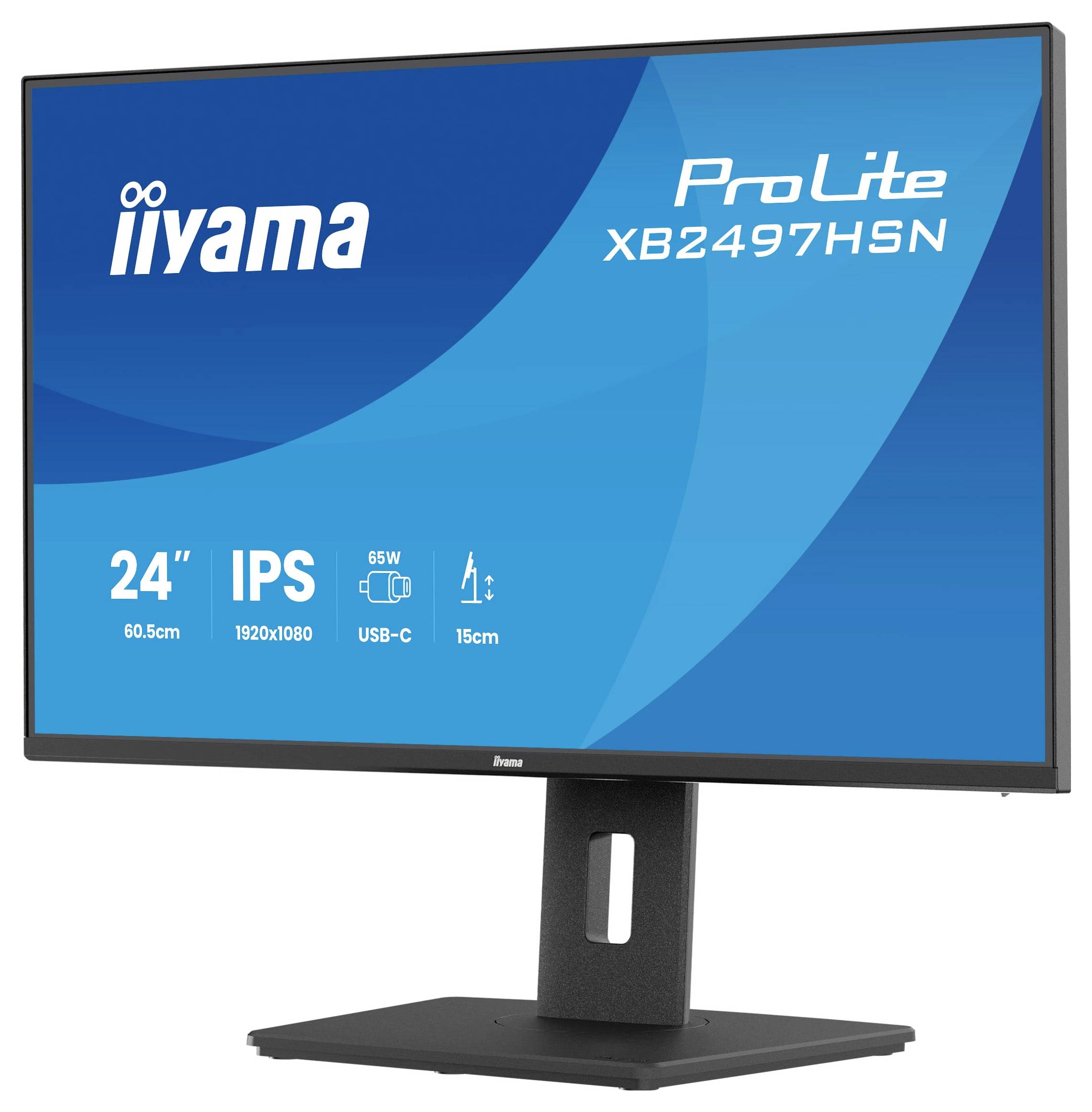 Monitor Iiyama ProLite o velikosti 24 palců s klíčovými funkcemi, jako je IPS panel, rozlišení 1920x1080, konektivita USB-C a výkon 65W.