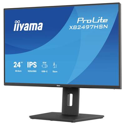 Monitor Iiyama ProLite o velikosti 24 palců s klíčovými funkcemi, jako je IPS panel, rozlišení 1920x1080, konektivita USB-C a výkon 65W.