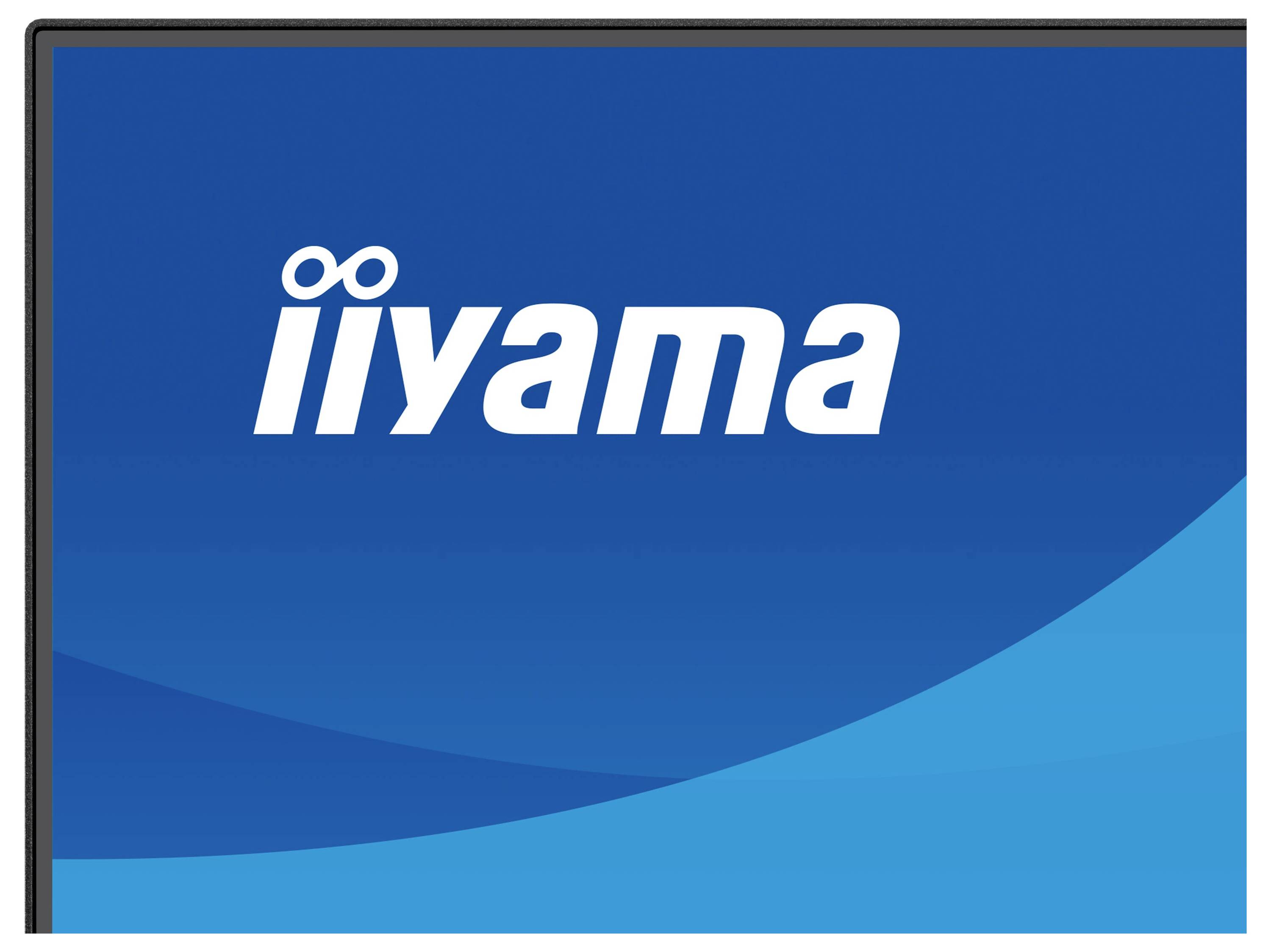 Zadní pohled na bílý monitor iiyama se stojanem, ukazující logo iiyama nahoře.