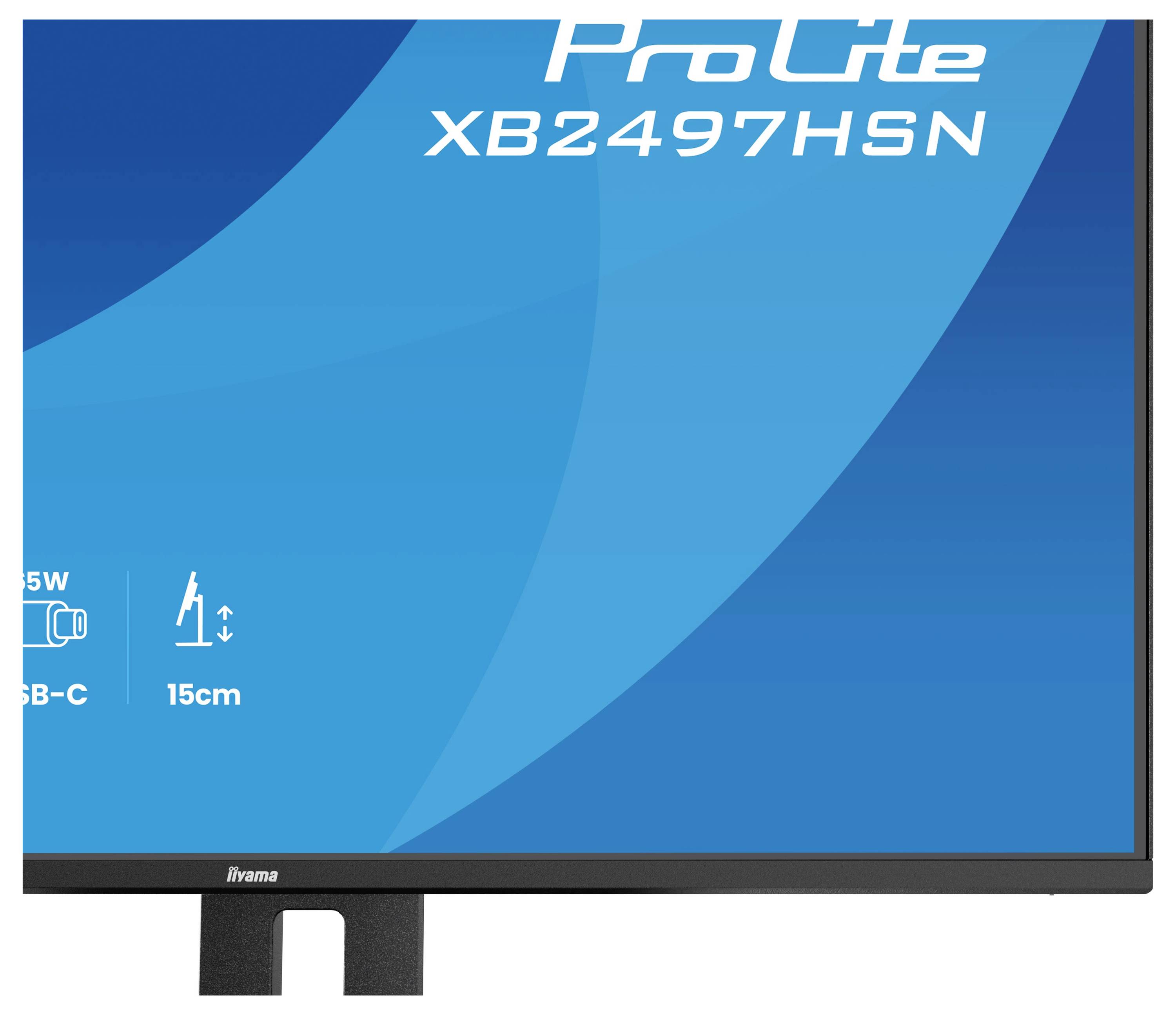 Obrazovka počítačového monitoru s názvem "ProLite XB2497HSN" zobrazující ikony pro dodávku energie 65W, konektivitu USB-C a nastavitelnou výšku.