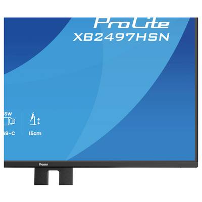 Obrazovka počítačového monitoru s názvem "ProLite XB2497HSN" zobrazující ikony pro dodávku energie 65W, konektivitu USB-C a nastavitelnou výšku.