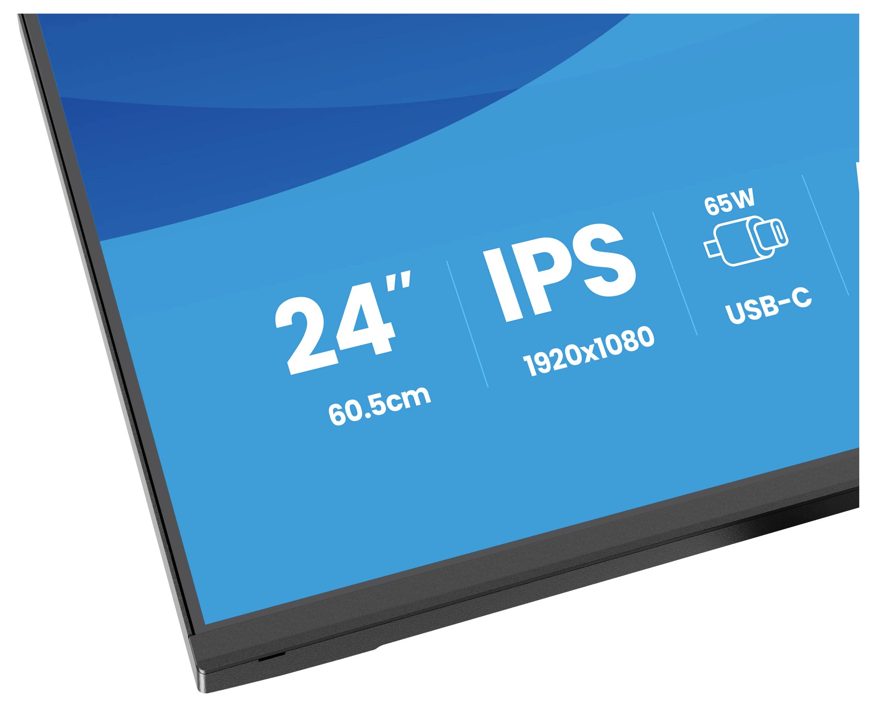 Monitor zobrazující specifikace: '24" (60,5 cm), IPS, rozlišení 1920x1080', výkon '65W' a konektivita 'USB-C'.