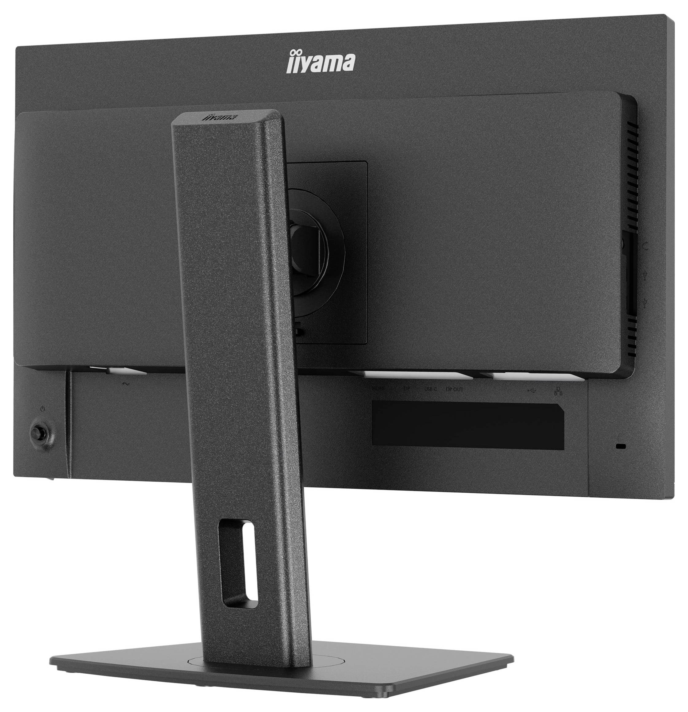 Na obrázku je vidět záda monitoru iiyama s obdélníkovým stojanem. Z tohoto úhlu nejsou viditelné porty a ovládací prvky.