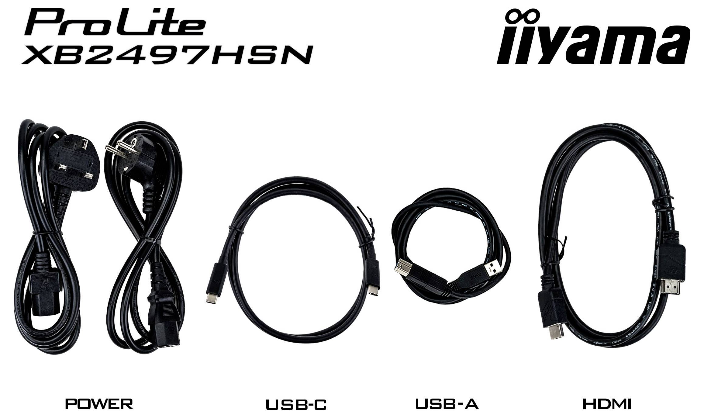 'ProLite XB2497HSN' čtyři kabely zobrazené s popisky: napájení, USB-C, USB-A a HDMI, uspořádané zleva doprava, logo iiyama nahoře.