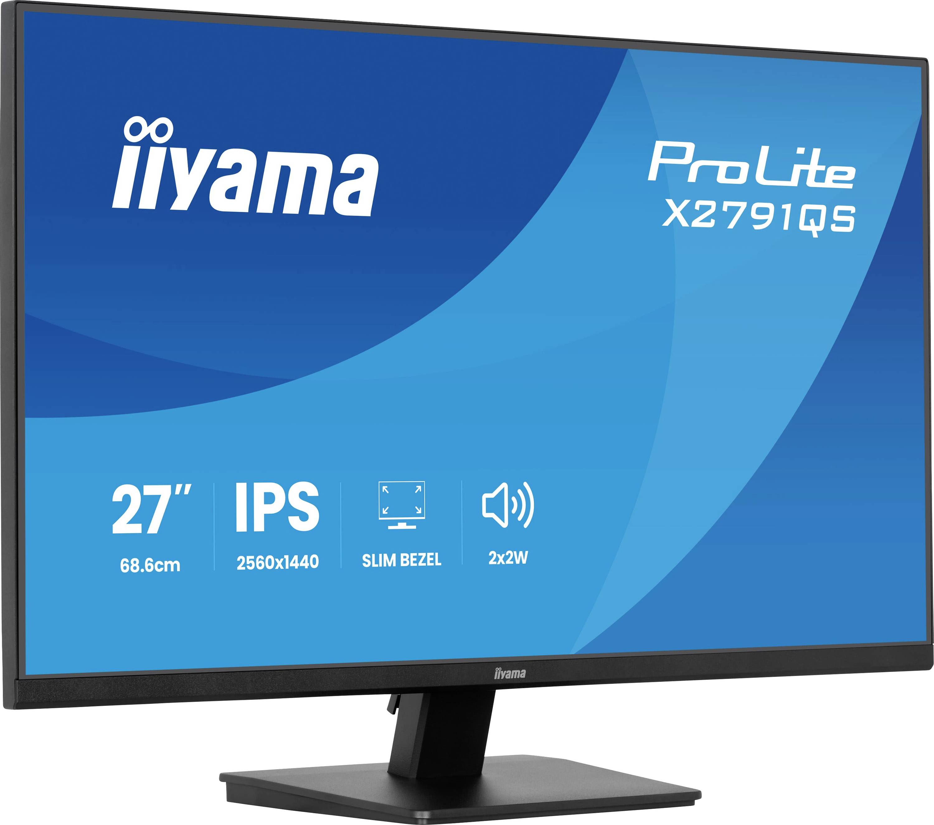 Monitor "Iiyama ProLite X2791QS", 27 palců, rozlišení 2560x1440, IPS panel, tenký rámeček, reproduktory 2x2W, specifikace na modrém pozadí.