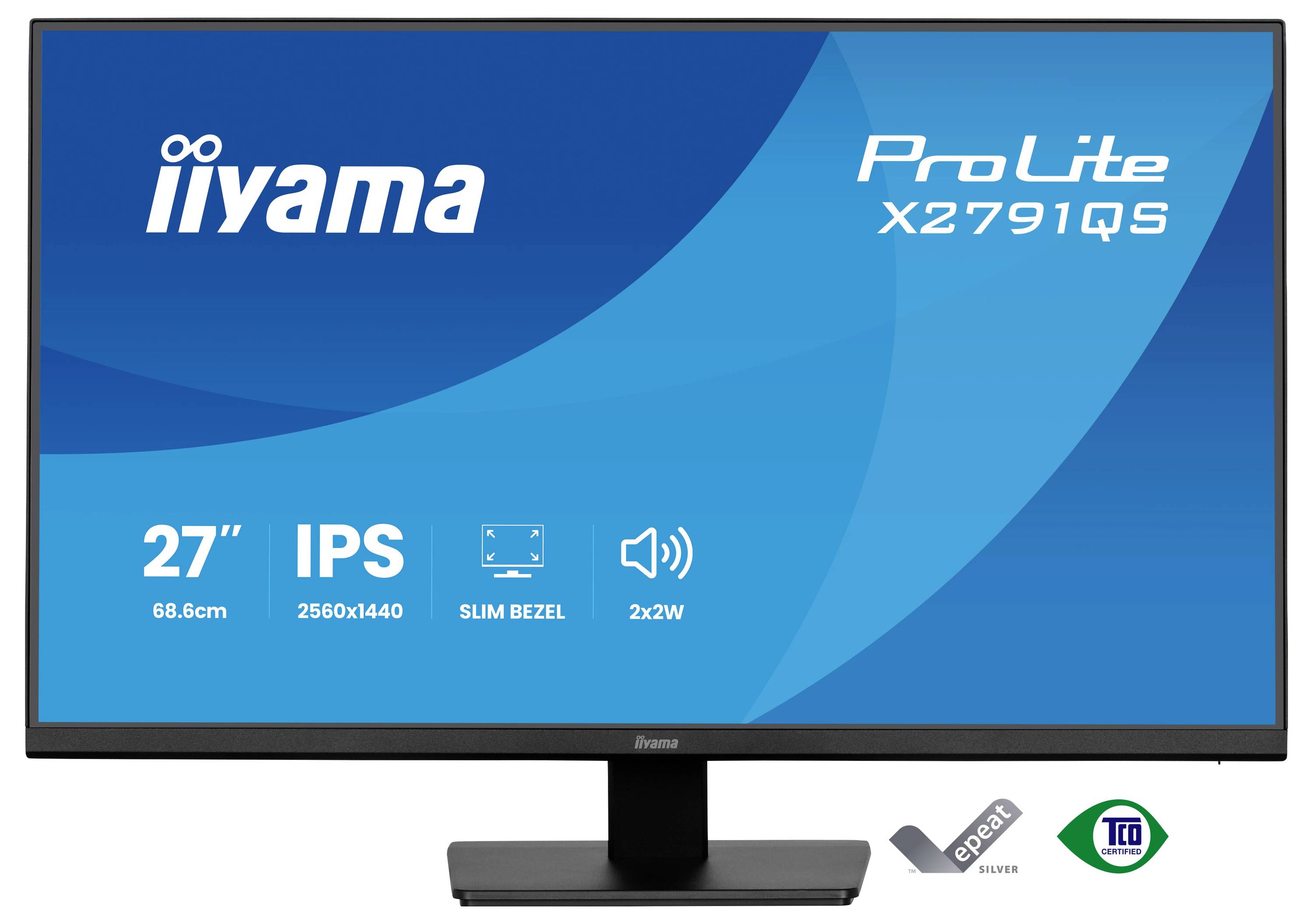 Modrá obrazovka zobrazuje logo „iiyama" s textem „ProLite X2791QS". Funkce zahrnují 27 palců, IPS, rozlišení 2560x1440, tenký rámeček a 2x2W reproduktory.