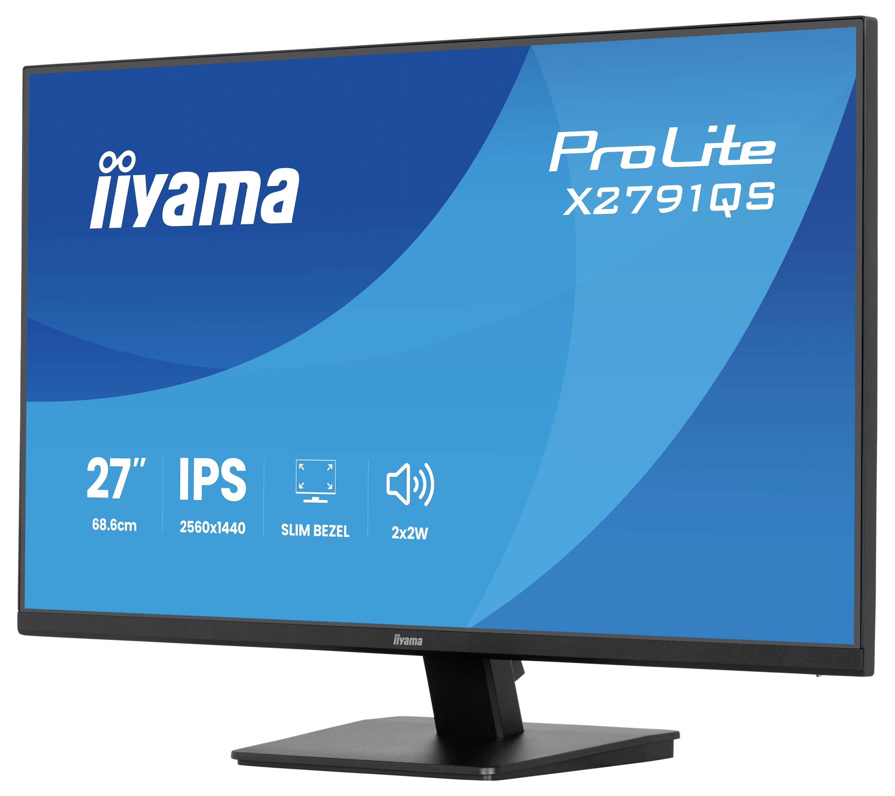 Monitor 27 palců, model „iiyama ProLite X2791QS" s technologií IPS, rozlišením 2560x1440, tenkými okraji a dvojicí reproduktorů o výkonu 2W.