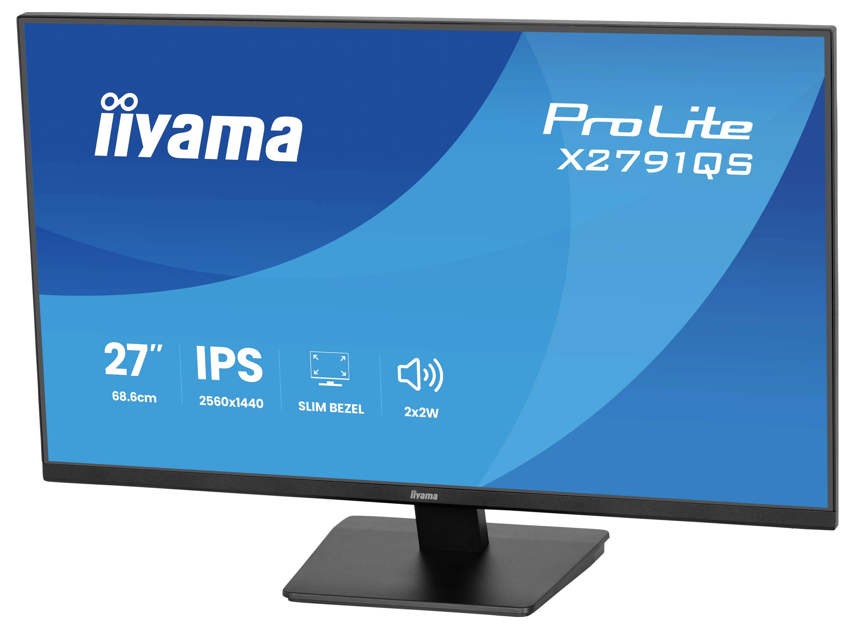 Černý 27palcový monitor iiyama ProLite X2791QS s rozlišením 2560x1440, panelem IPS, tenkým rámečkem a 2x2W reproduktory.