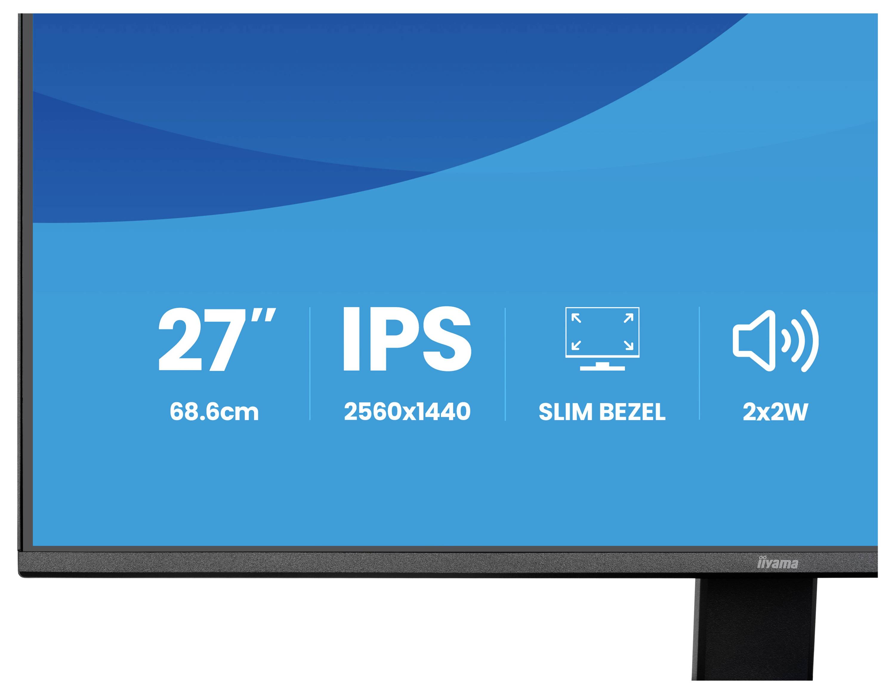 Počítačový monitor se specifikacemi zobrazenými na obrazovce: '27"', 'IPS', '2560x1440', 'Slim Bezel', '2x2W'.