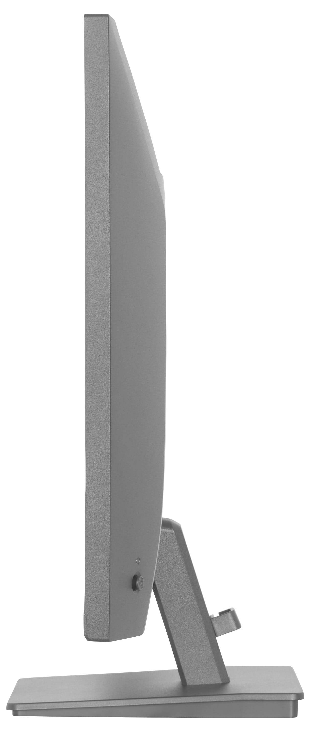 Boční pohled na tenký, moderní monitor počítače na stojanu, který vykazuje jeho štíhlý profil a minimalistický design.