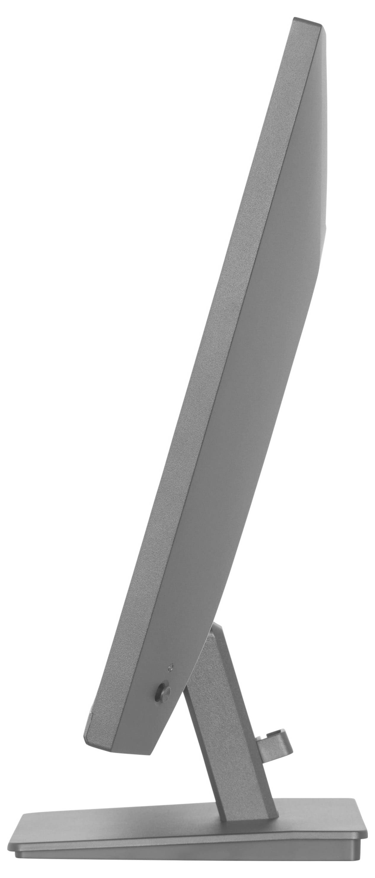 Tenký, moderní počítačový monitor v bočném pohledu, který ukazuje jeho štíhlý design a minimalistický stojan.