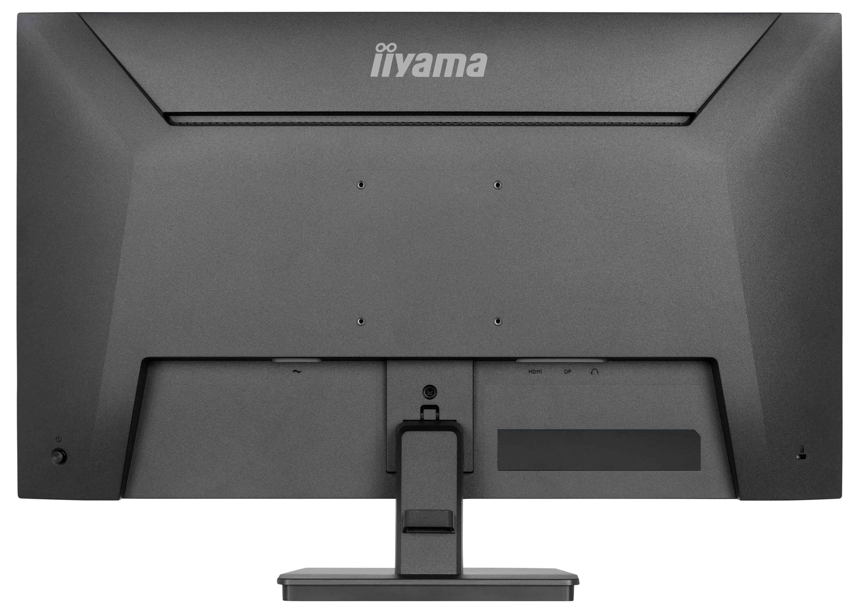 Obrázek zobrazuje zadní pohled na černý monitor iiyama s obdélníkovou základnou a centrálním montážním držákem.
