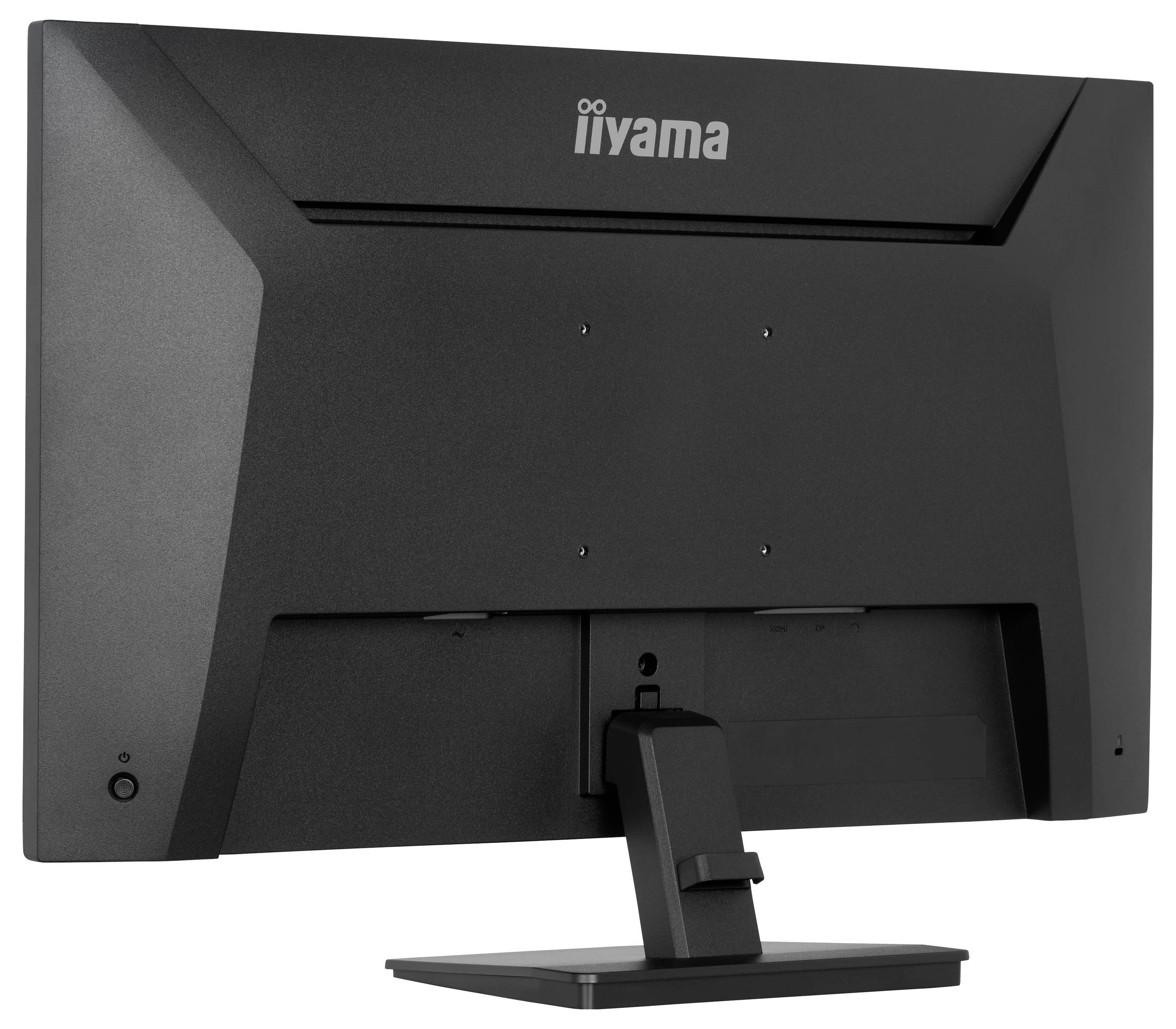 Zadní pohled na černý počítačový monitor na stojanu se značkou umístěnou v horní části. Design se vyznačuje úhlovitými liniemi a matným povrchem.