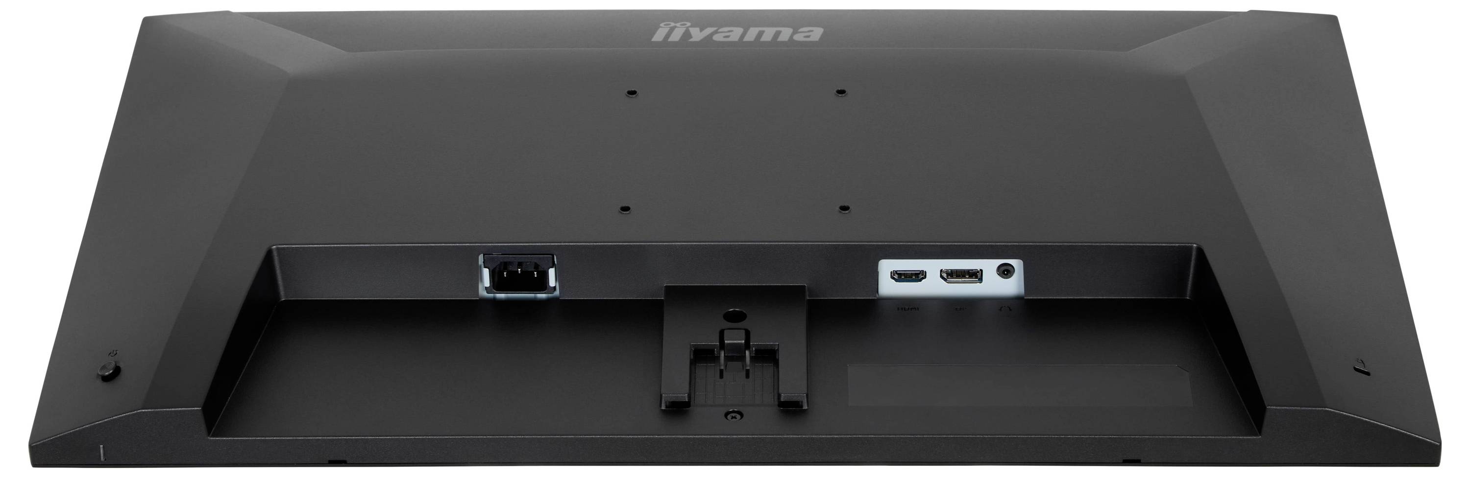 Zadní pohled na monitor se zobrazením portů pro připojení, včetně HDMI a DisplayPort, se zabudovaným stojanem v centru.