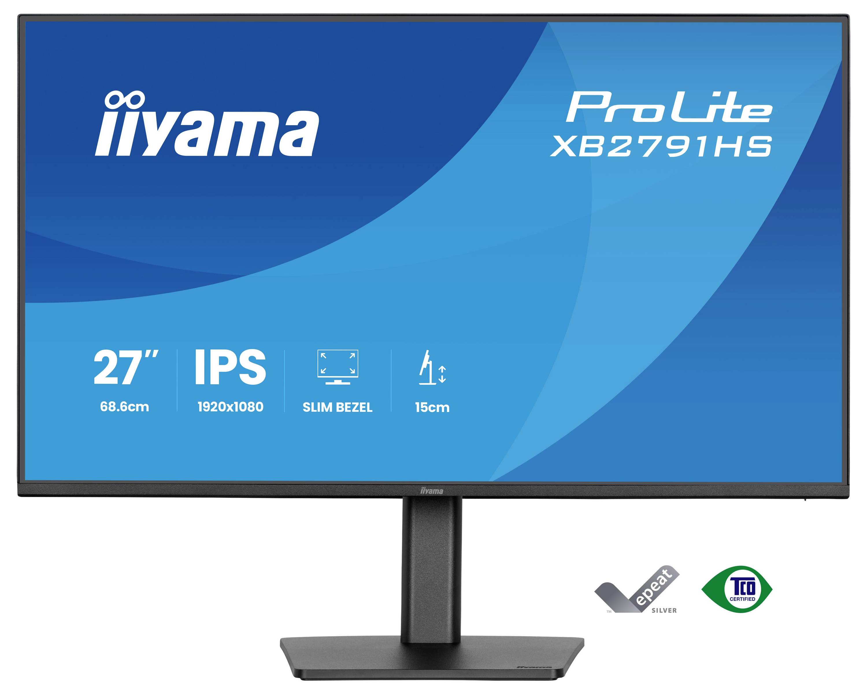 Monitor iiyama ProLite XB2791HS, 27 palců, IPS, rozlišení 1920x1080, tenký rám, nastavitelná výška 15 cm, ergonomický design.