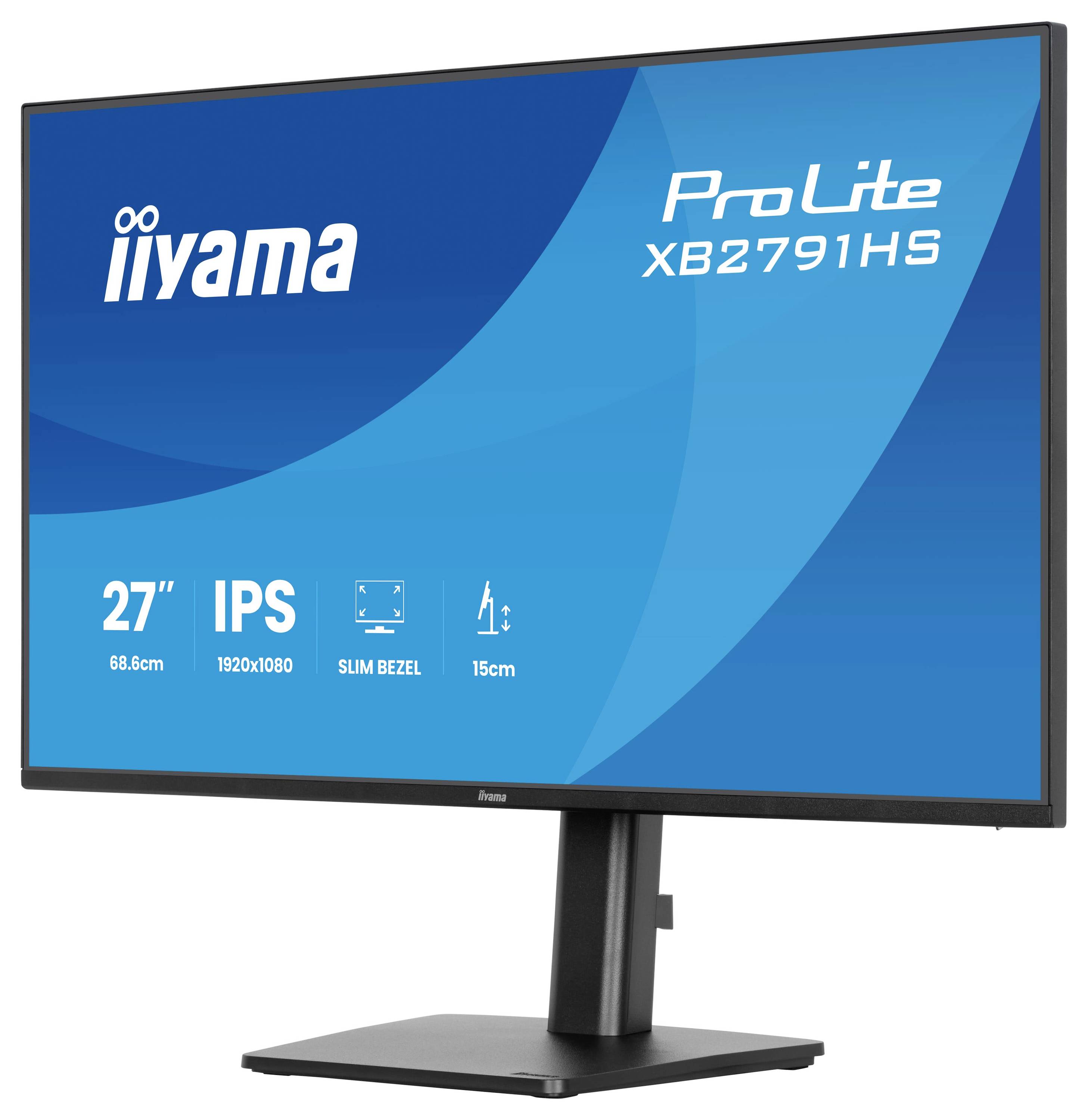 Monitor zobrazující značku a informace o modelu. 'iiyama ProLite XB2791HS', 27palcový IPS, rozlišení 1920x1080, tenký rám, výška 15cm.