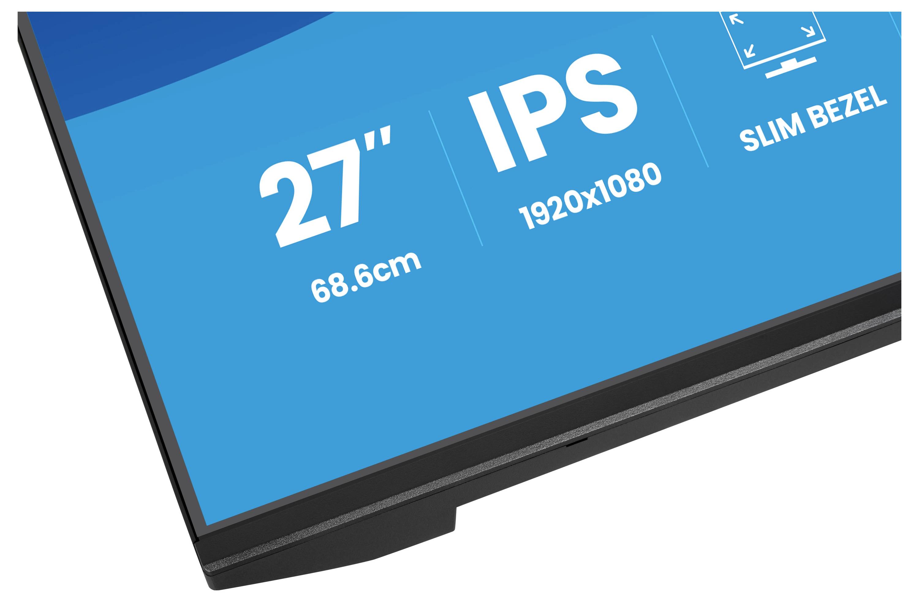 Roh plochého monitoru zobrazující detaily: "27" (68,6cm)", "IPS", "1920x1080", "Slim Bezel".
