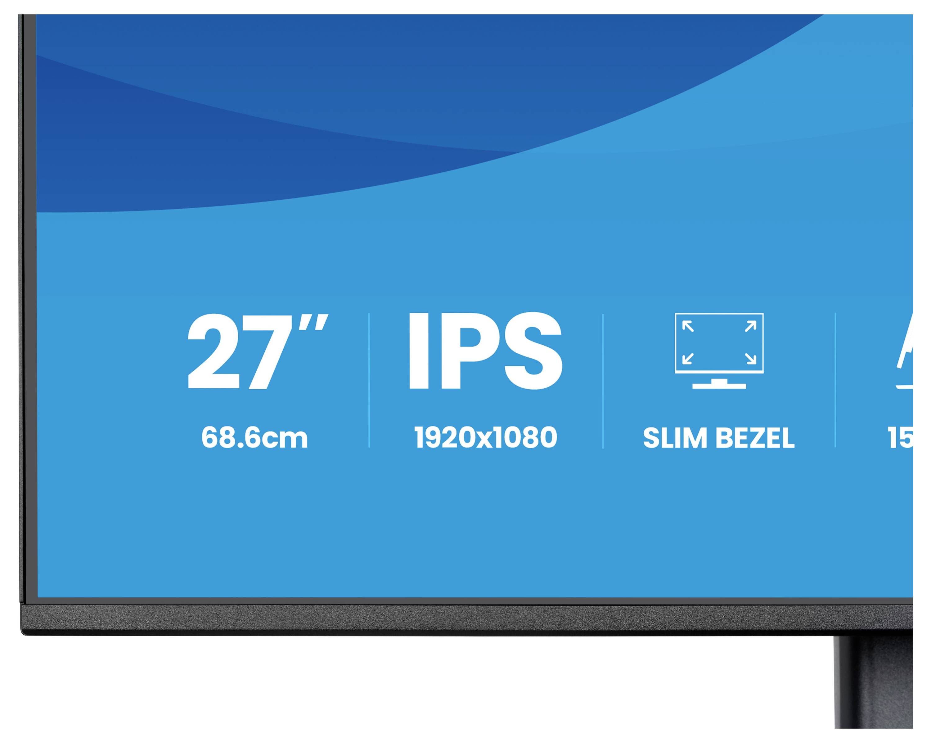 Roh monitoru zobrazující specifikace: '27 palců, 68,6 cm, IPS, rozlišení 1920x1080, tenký rámeček.' Design v modré a bílé barvě s ikonami.