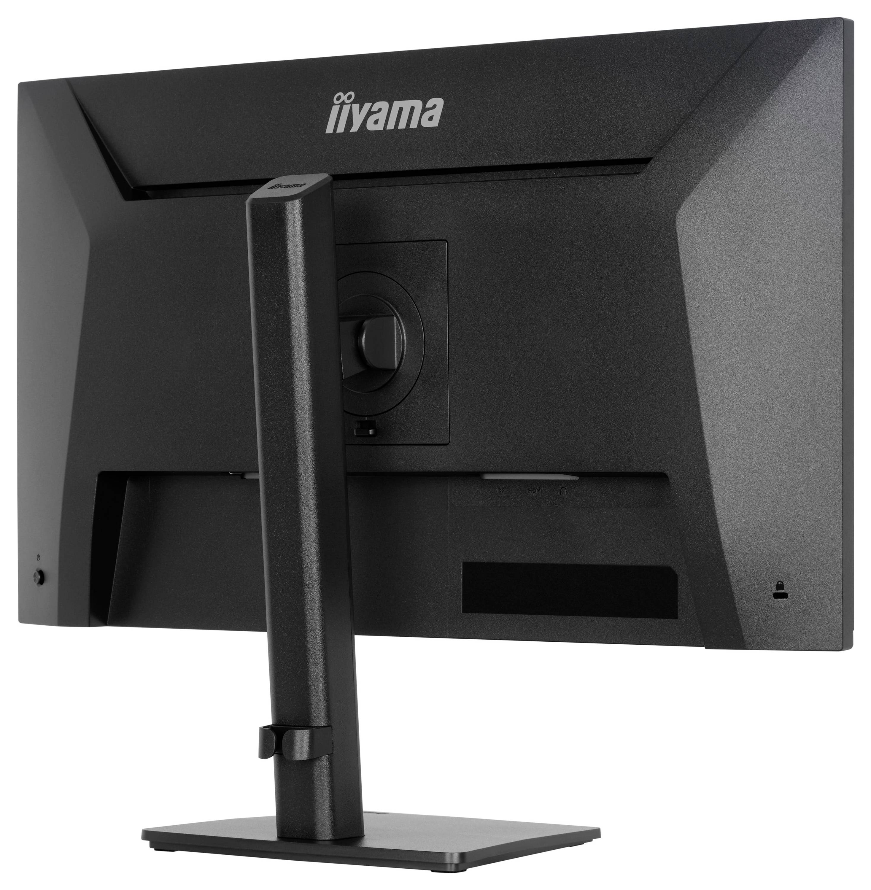 Zadní pohled na černý počítačový monitor na stojanu s logem iiyama na zadním panelu.