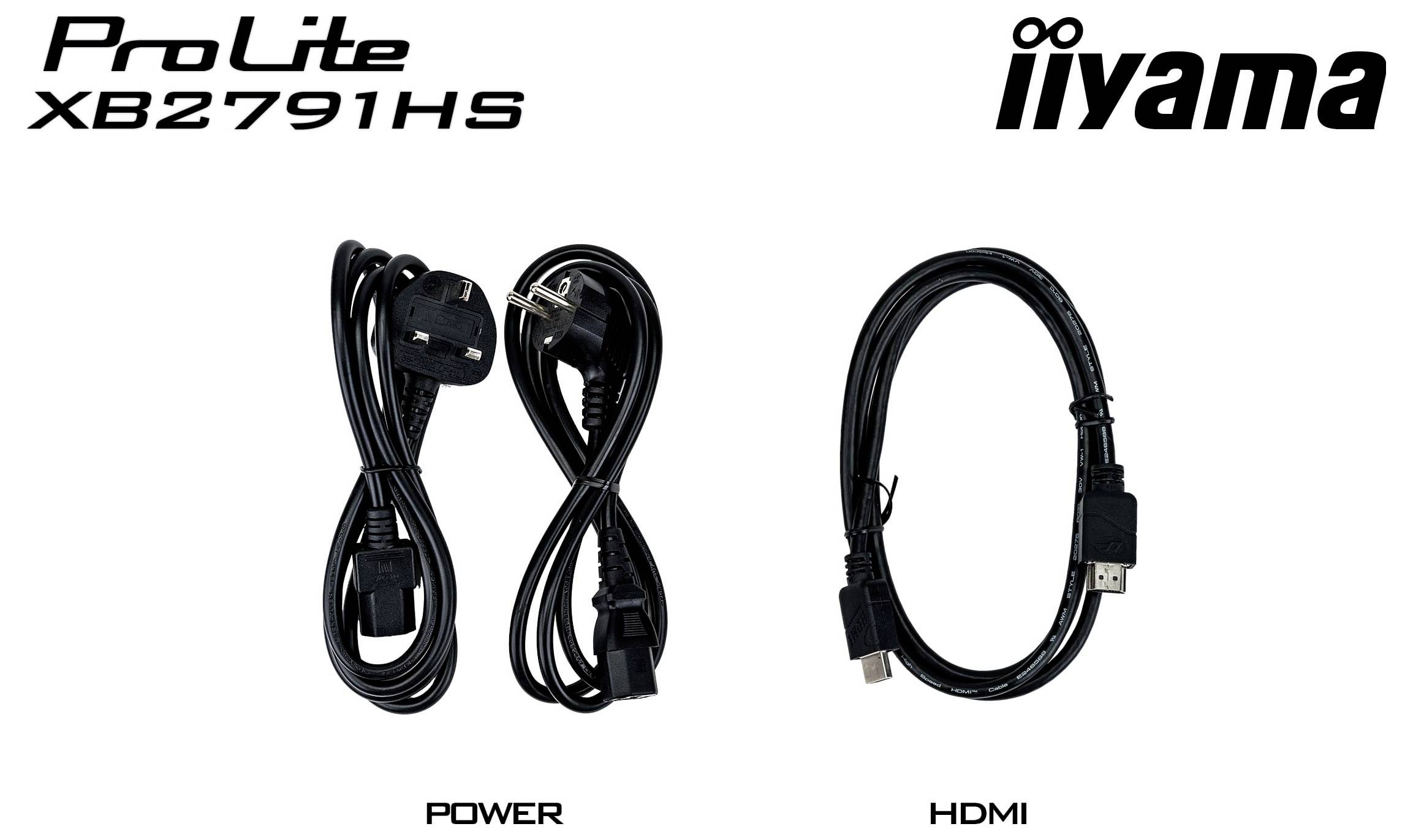 Obrazovka modelu 'ProLite XB2791HS' se dvěma kabely: jeden označený 'Power' pro elektrické připojení a jeden označený 'HDMI' pro video výstup.