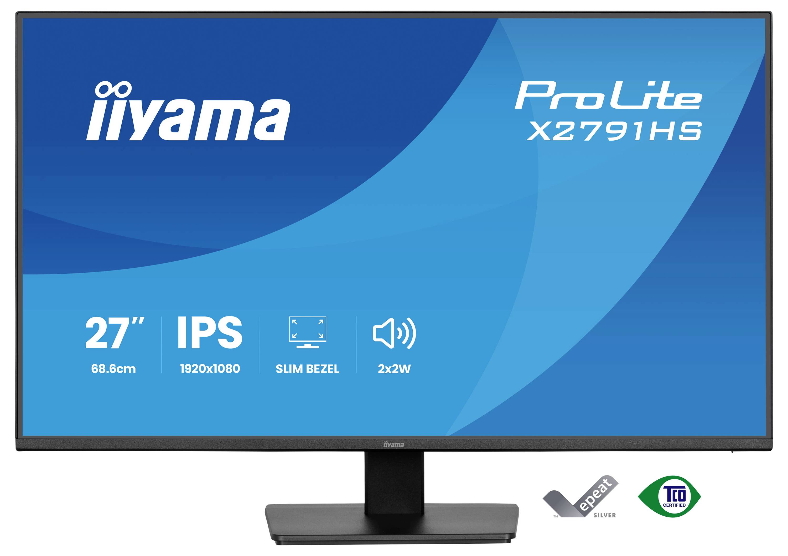 Obrazovka monitoru zobrazující 'iiyama ProLite X2791HS' se specifikacemi: 27 palců, IPS, rozlišení 1920x1080, tenké rámečky, reproduktory 2x2W.