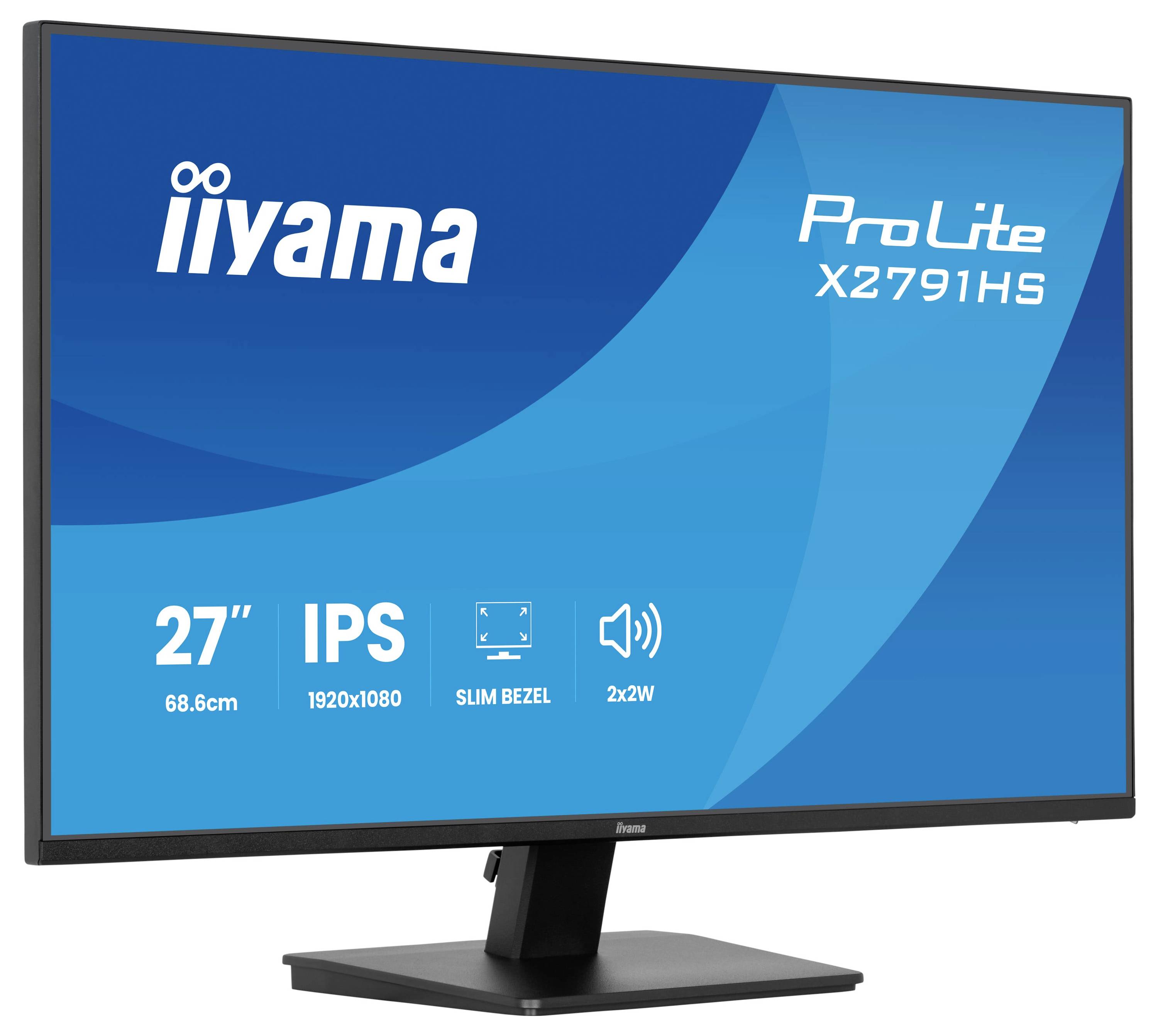 Počítačový monitor s „iiyama ProLite X2791HS" zobrazeným na obrazovce. Vlastnosti: 27 palců, IPS, rozlišení 1920x1080, tenký rámeček, 2x2W reproduktory.