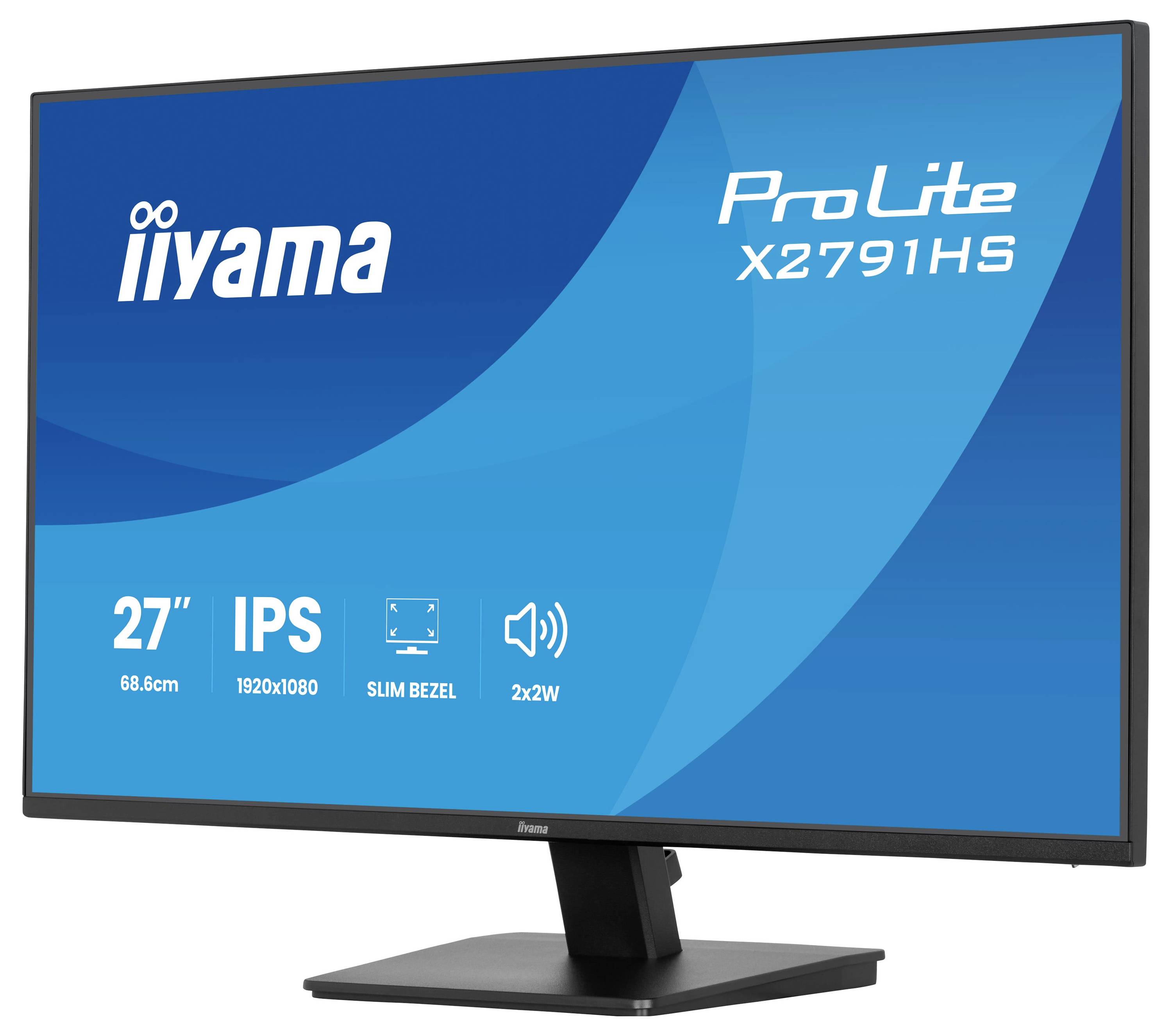 Monitor značky 'iiyama ProLite X2791HS' s 27palcovou obrazovkou, technologií IPS, úzkým rámečkem a reproduktory 2x2W.