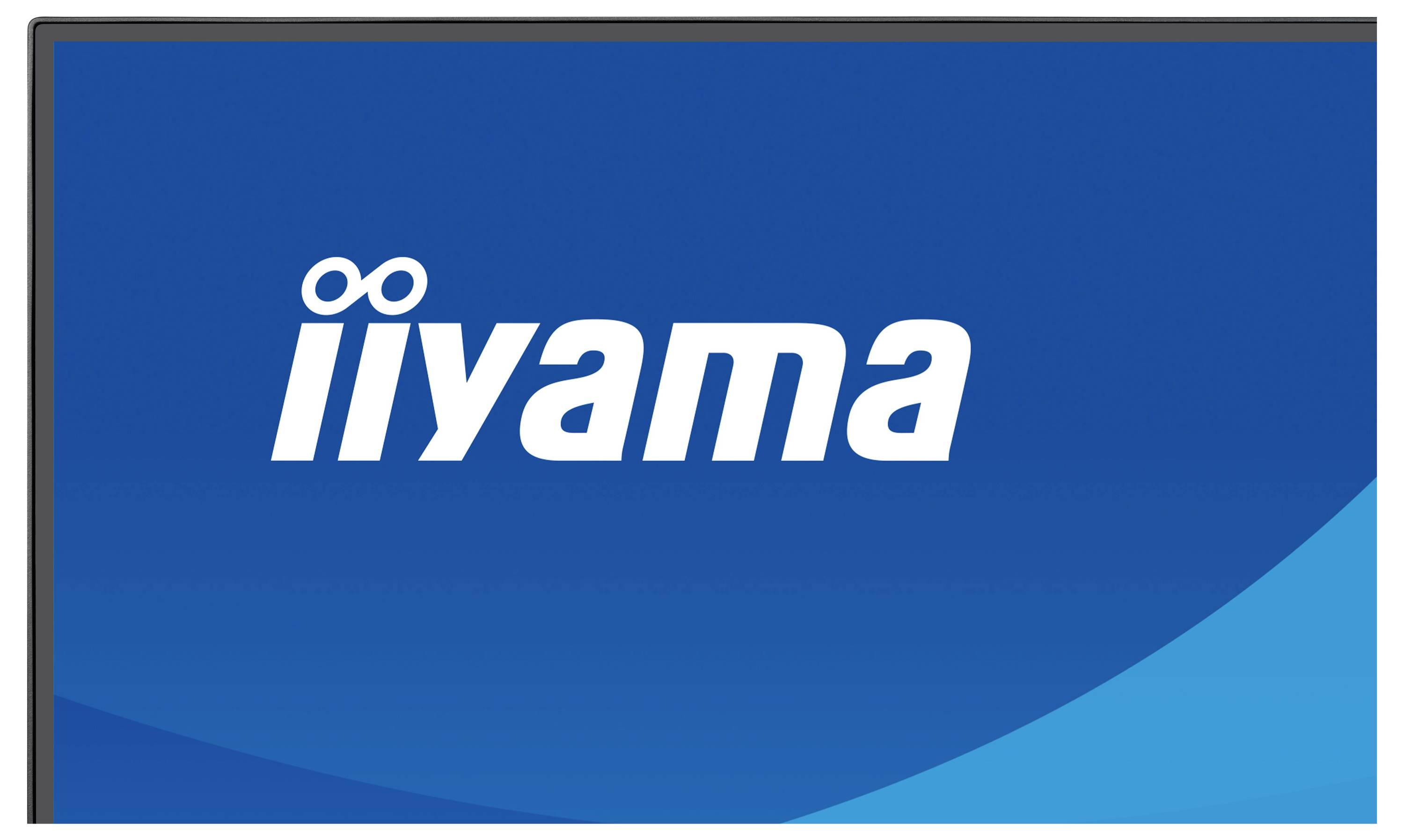 Obrázek zobrazuje logo "iiyama" na modrém pozadí se stylizovaným textem s nekonečnými symboly nad písmeny "i".