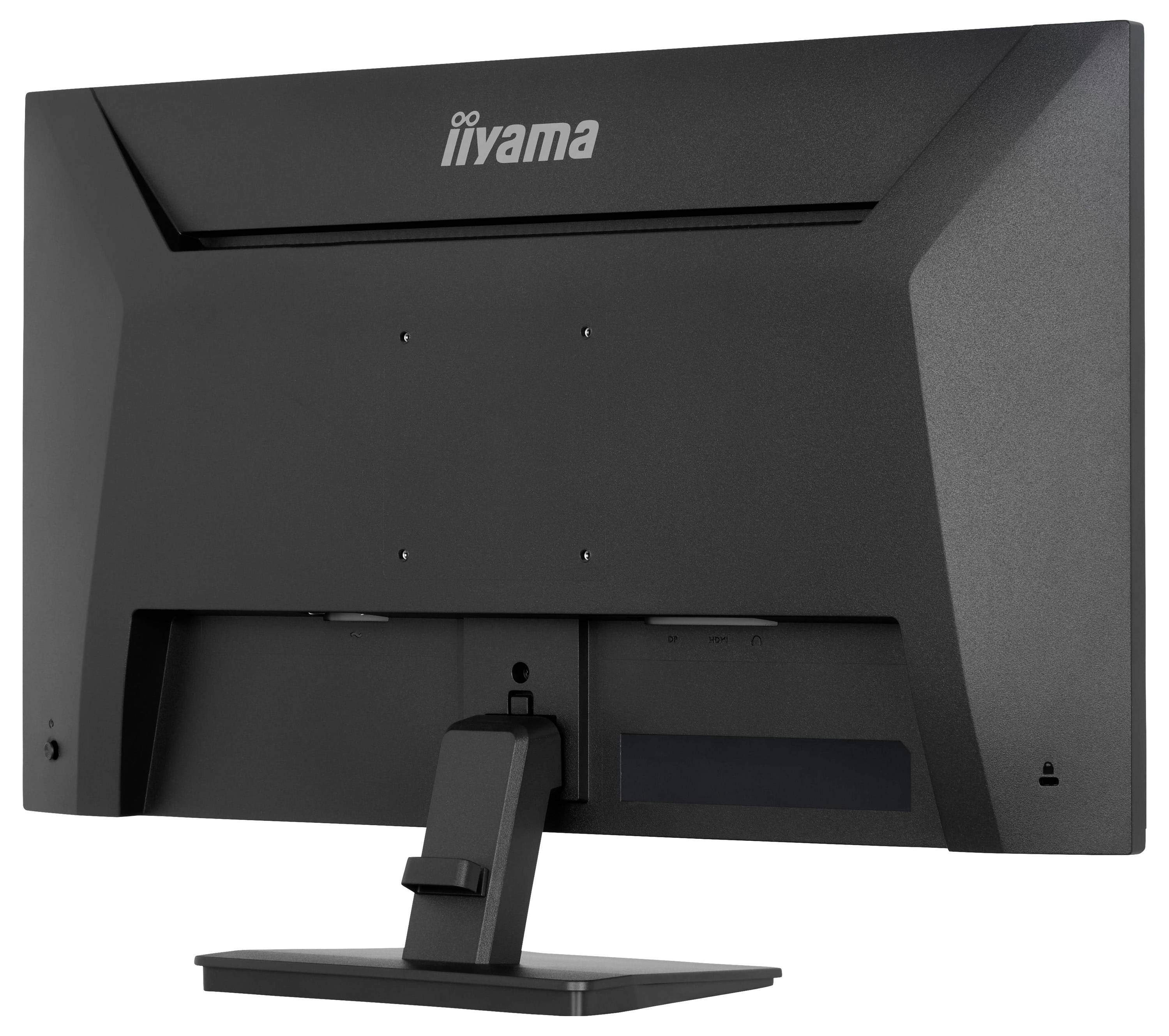 Obrázek zobrazuje zadní pohled na černý počítačový monitor iiyama s připojeným obdélníkovým stojanem.