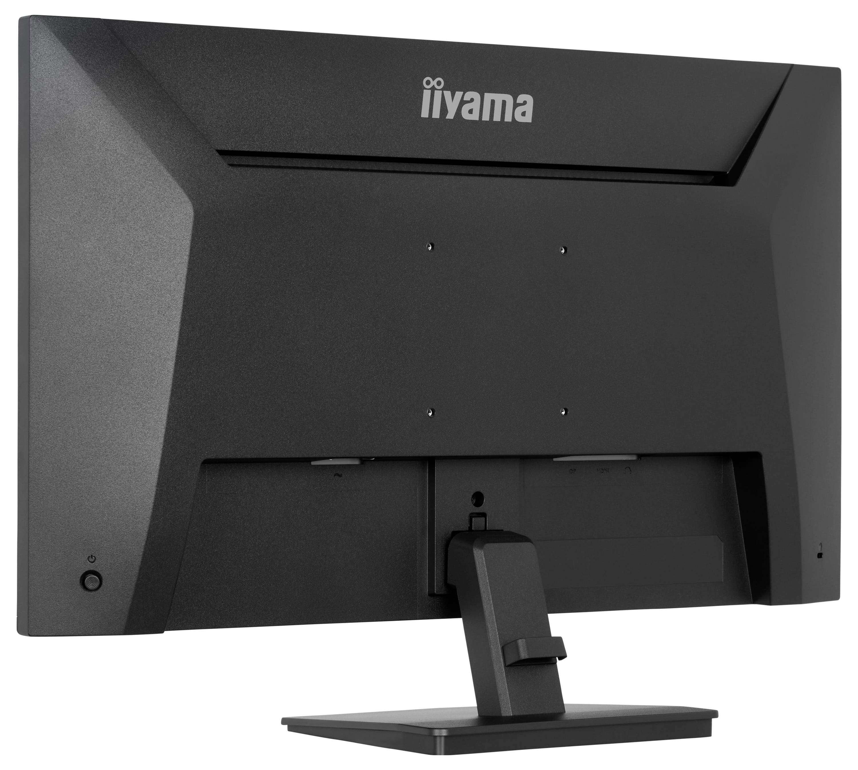 Černý monitor zobrazený zezadu s názvem značky 'iiyama' v horní části. Monitor je namontován na robustním nastavitelném stojanu.