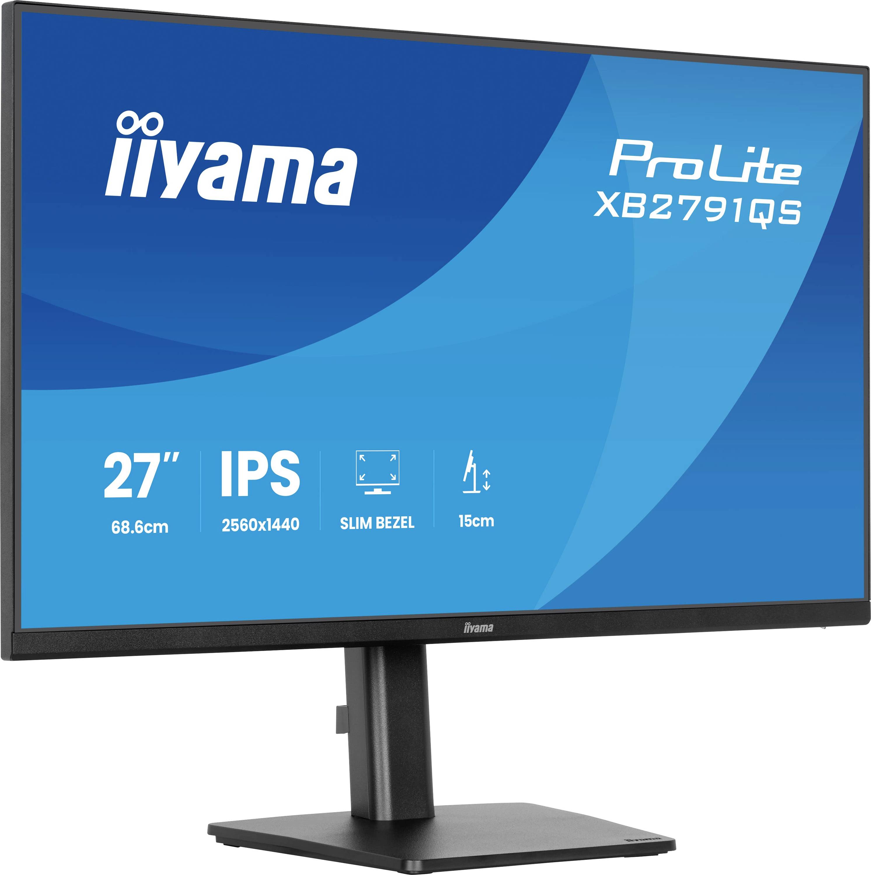 Obrazovka počítačového monitoru zobrazující 'iiyama ProLite XB2791QS' se specifikacemi: 27" IPS, rozlišení 2560x1440, tenký rámeček, nastavení výšky 15cm.