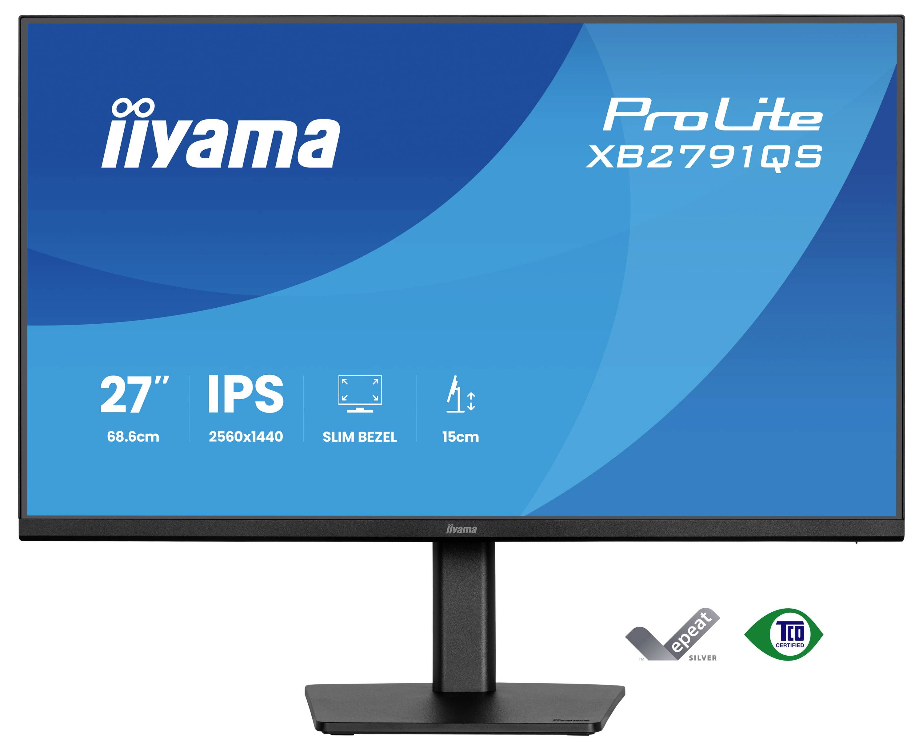 Černý počítačový monitor pohled zezadu, ukazující podstavec a značku Iiyama v horní části.