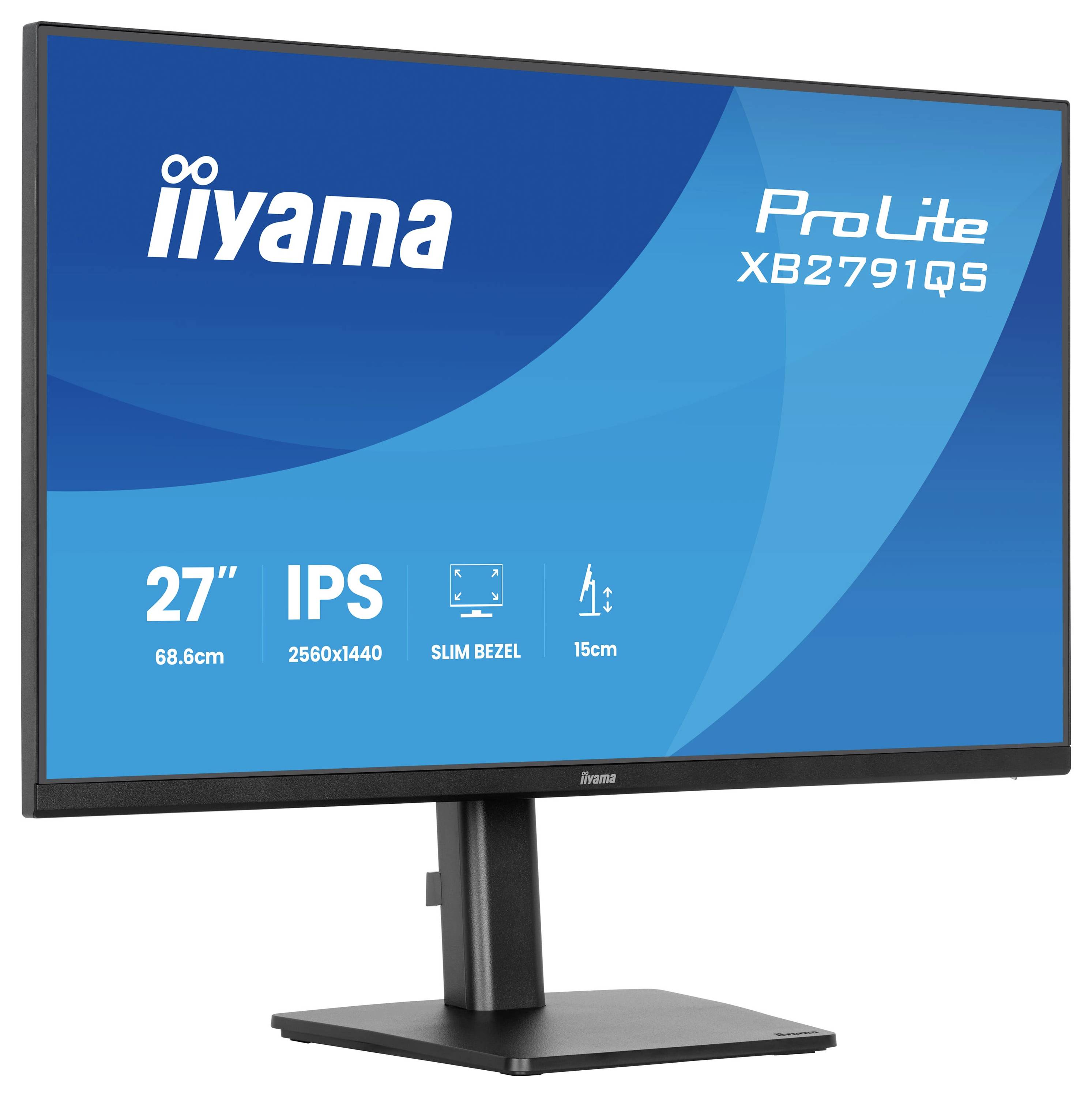 Monitor zobrazující logo "iiyama ProLite XB2791QS", vybavený 27palcovým IPS panelem, rozlišením 2560x1440, úzkým rámečkem, 15cm podstavcem.