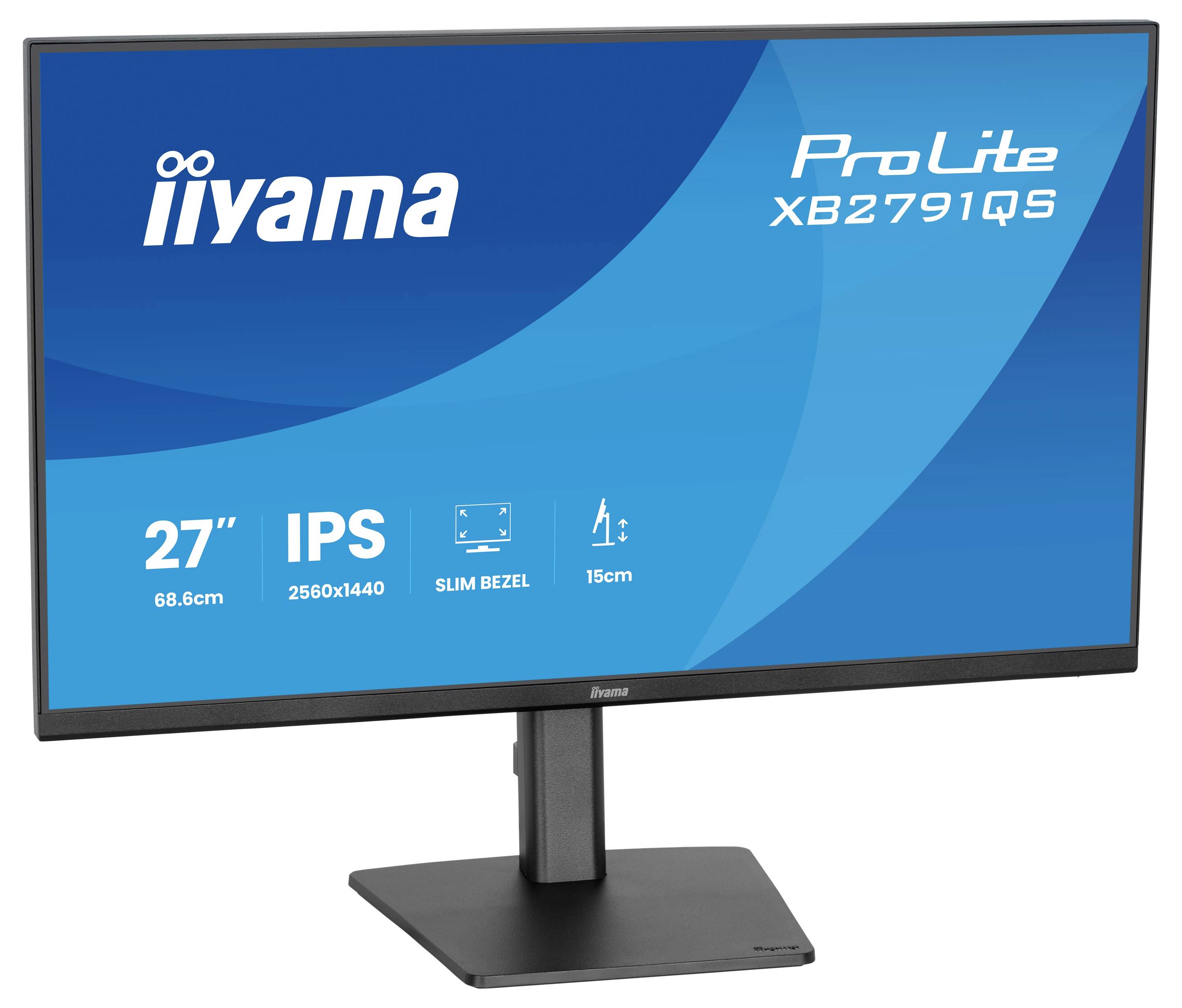 Počítačový monitor zobrazující 'iiyama ProLite XB2791QS' s funkcemi: 27" obrazovka, IPS, rozlišení 2560x1440, tenký rámeček, nastavení výšky 15cm.